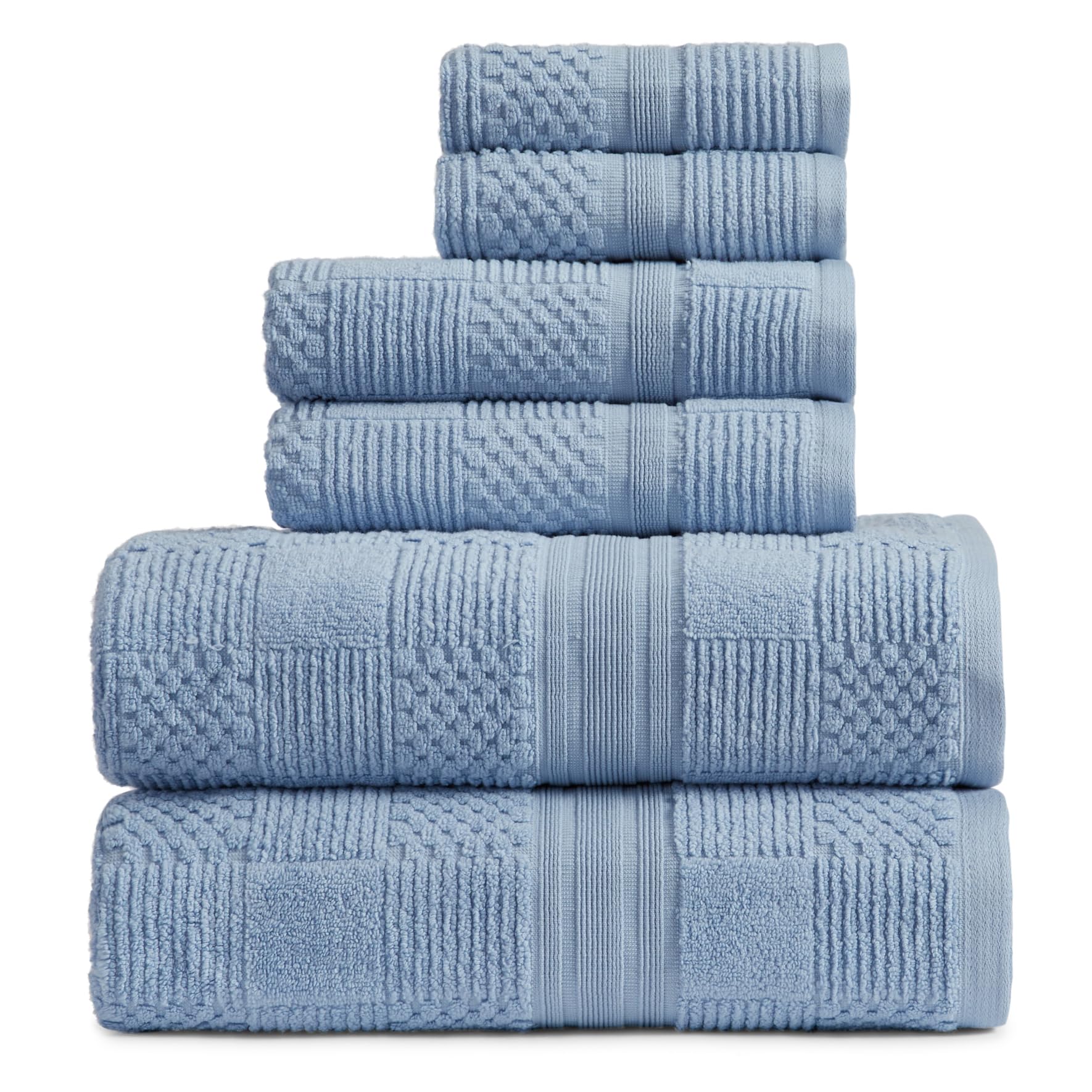 Springtree Home 100% Cotton Bathroom Towel Set | 6 Piece Set - Blue Towels | Geometric Textured Design | Absorbent & Quick-Dry | Oeko-TEX® Standard