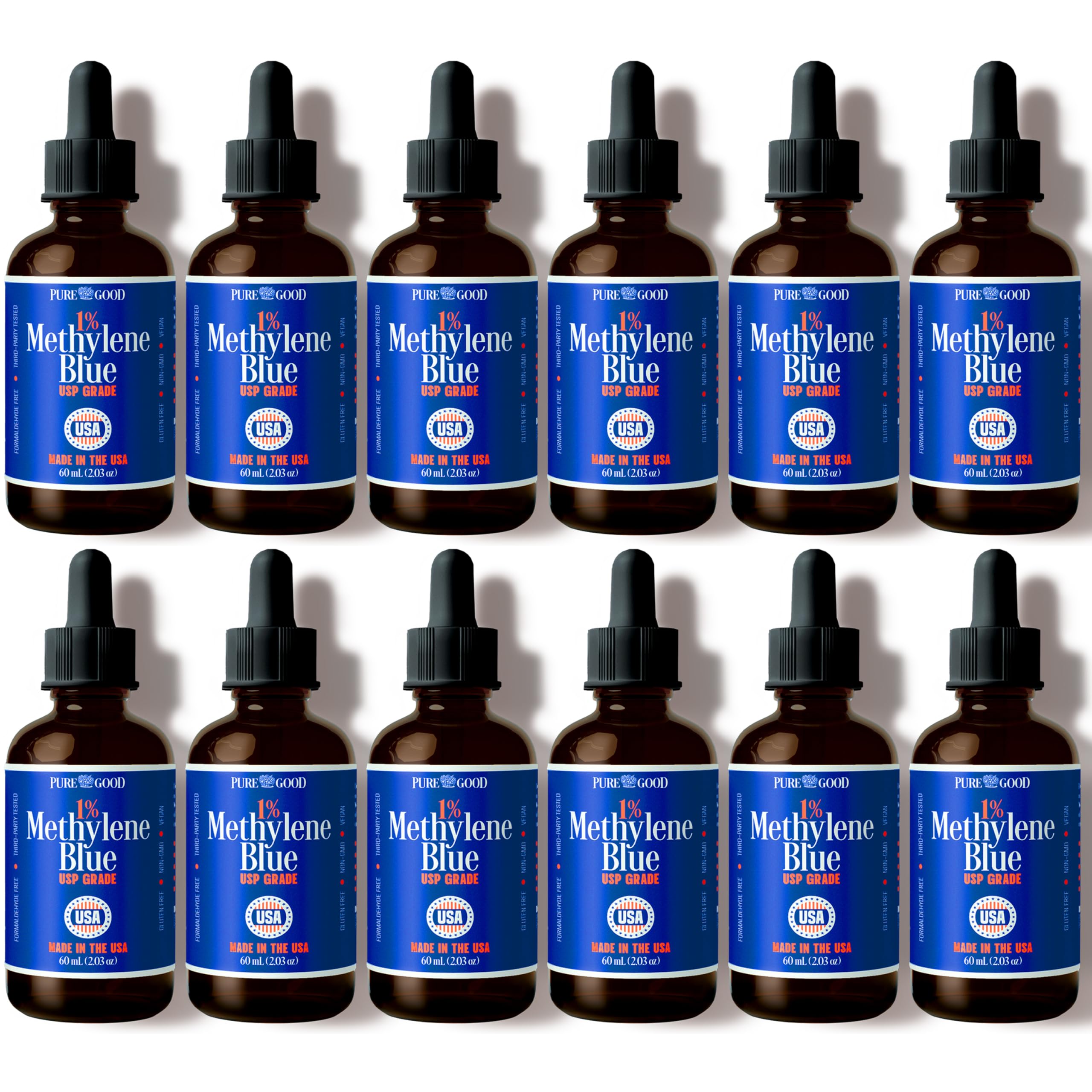 PureGood 12 Pack Pharmaceutical-Grade Methylene Blue 1% Solution (60 mL), USP-Grade, Third-Party Tested, Formaldehyde & Alcohol-Free, Methylene Blue for Humans in Amber Dropper Bottles