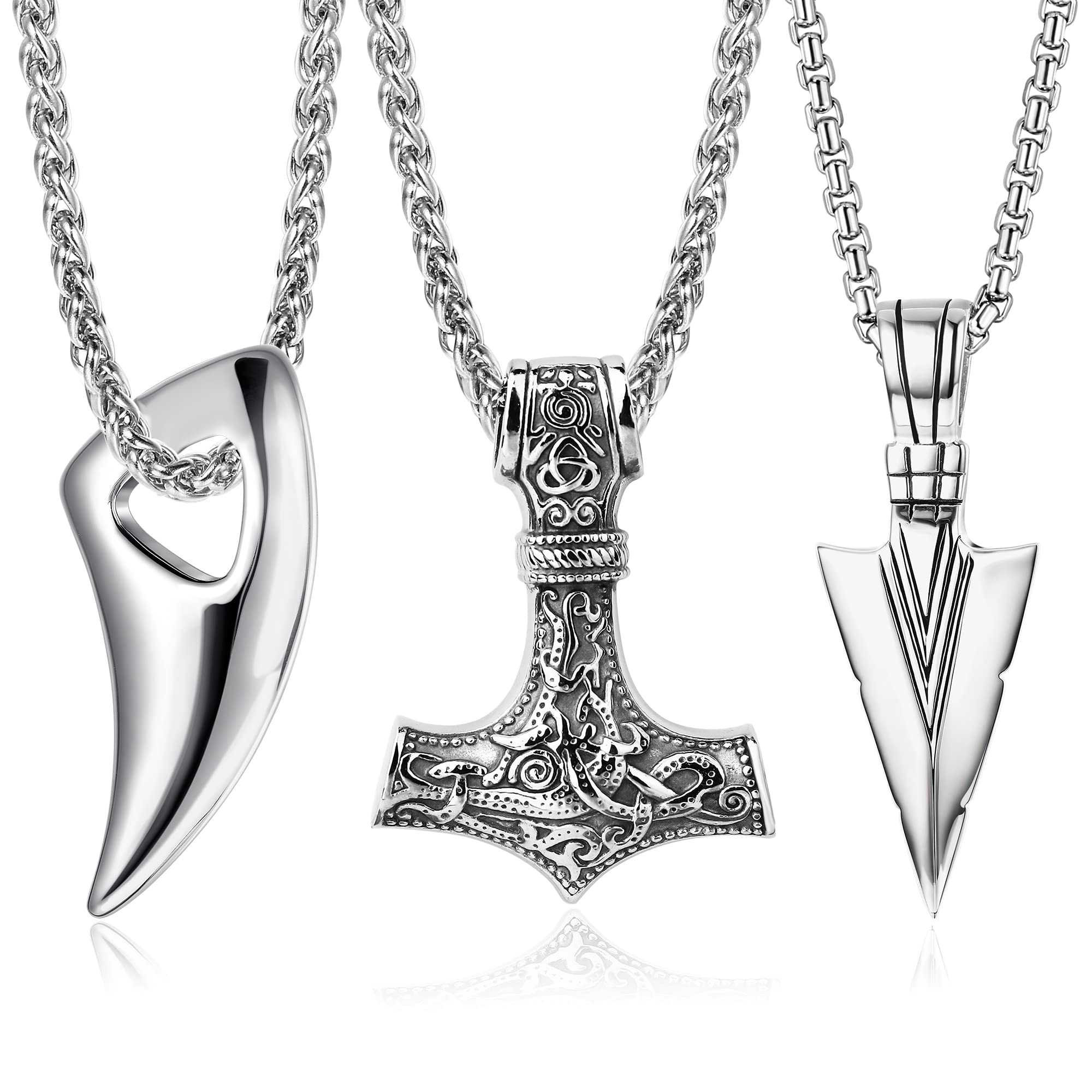 JeweBella 3PCS Martillo de Thor Collar Hombre Mjolnir Acero Inoxidable Vikingos Diente de Lobo Amuleto Runa Colgante 60cm Cadena Plata/Negro Nórdico Vikingo Regalo Joyería