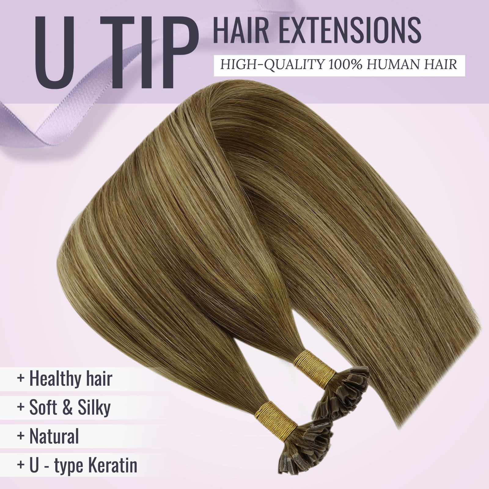Fshine Hair Cheratina Extension Capelli 45CM 50g U Tip Capelli Lisci Extension Castano Scuro con Biondo Fragola e Marrone Scuro Balayage Extension Keratin 1g/ciocca Capelli Veri #4/27/4