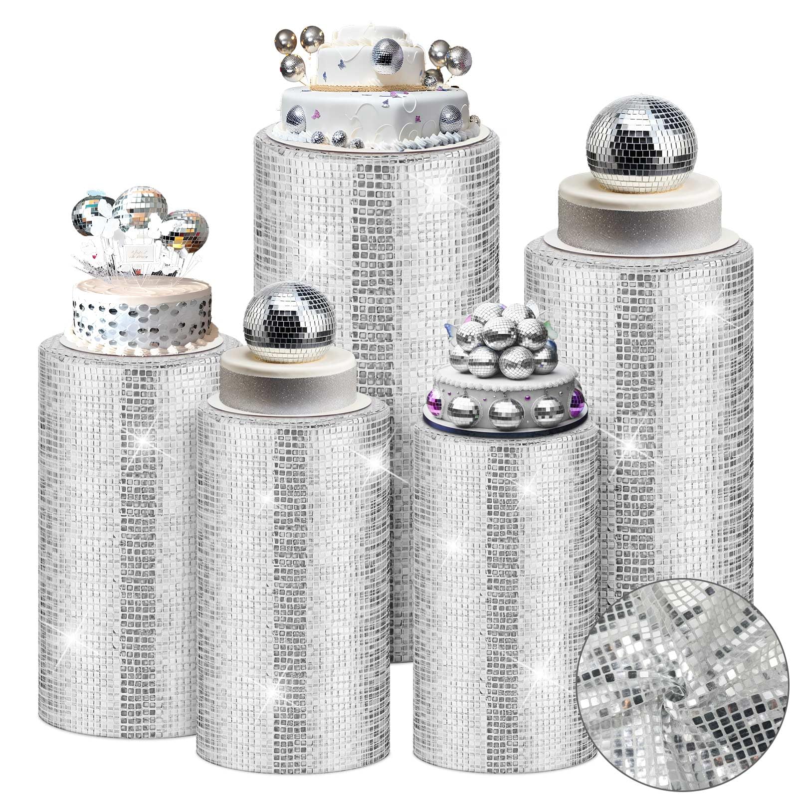 5 Pcs Party Cylinder Stand Covers Glitter Silver Pedestal Cover Assorted Size Elastic Cylinder Covers Birthday Decoration Plinth Cover for Cylinder Pedestal Stand Wedding Party Baby Shower