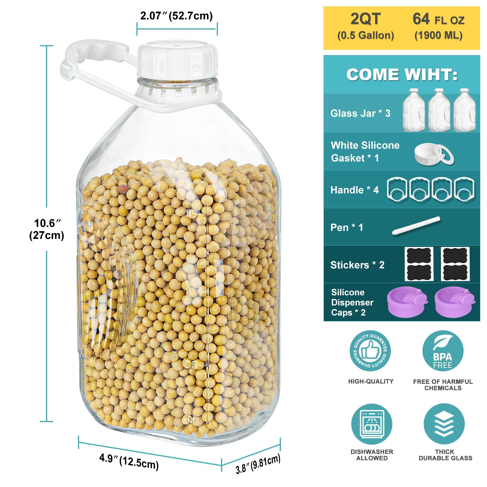 Paquete de 3 botellas de leche de vidrio resistente de 64 onzas con 2 boquillas de silicona, 4 asas y 4 tapas herméticas reutilizables para rosca, botella de agua de vidrio de 2 cuartos con 2 líneas 2