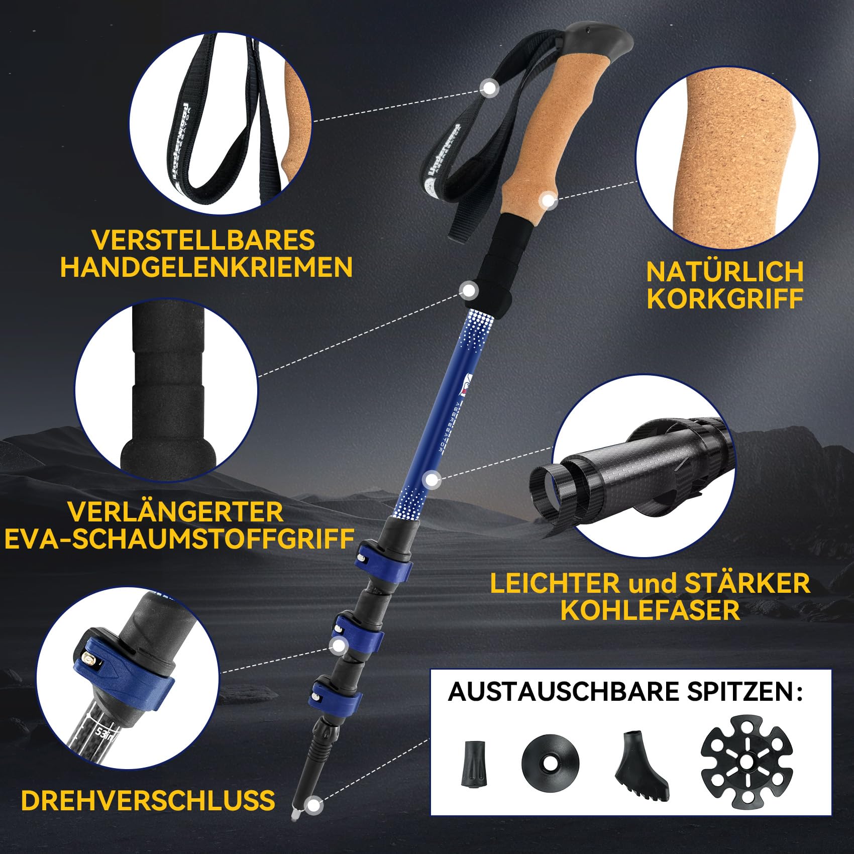 UnderwoodAggregator Carbon Trekkingstöcke – 2 Stück, teleskopierbar, verstellbar, mit Korkgriffen und Schnellverschluss – ideal für Damen, Herren, Rucksackreisen und Trailrunning