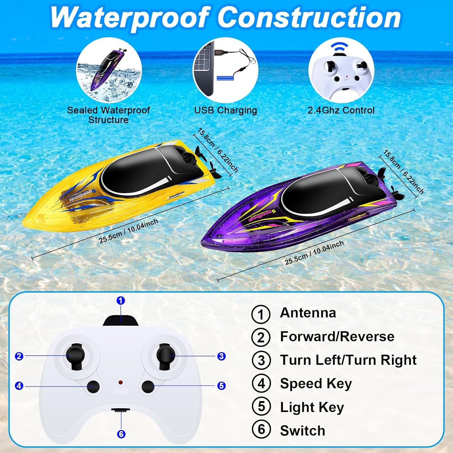 JONRRYIN RC Bateau Télécommandé 2 Pièces, RC Bateau avec Lumières LED pour Enfants, 2,4 GHz Bateau avec Alarme de Batterie Faible, RC Racing Bateaux, RC Boat Enfants Adultes pour Piscines et Lacs