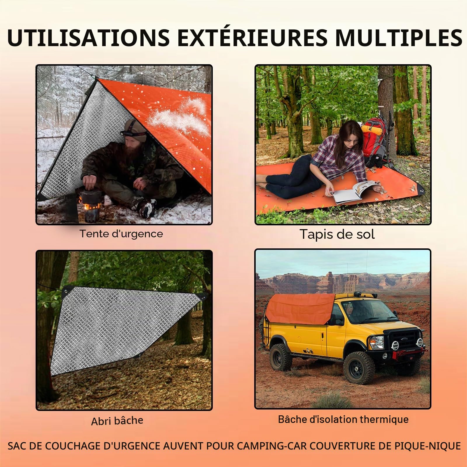 Lot de 2 couvertures de Survie améliorées – Bâche Thermique réfléchissante – Couverture d'urgence réutilisable pour Voiture ou Camping – 152,4 x 208,3 cm – Orange