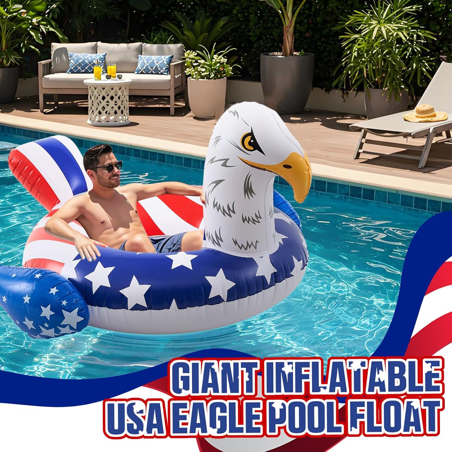 2 Pack American Flag Inflatable Eagle Pool Float-45 Inch 4th of July Large Swim Tube Rings 250th Anniversary Red White & Blue Floating Raft for Summer Lake Beach Pool Party Ride