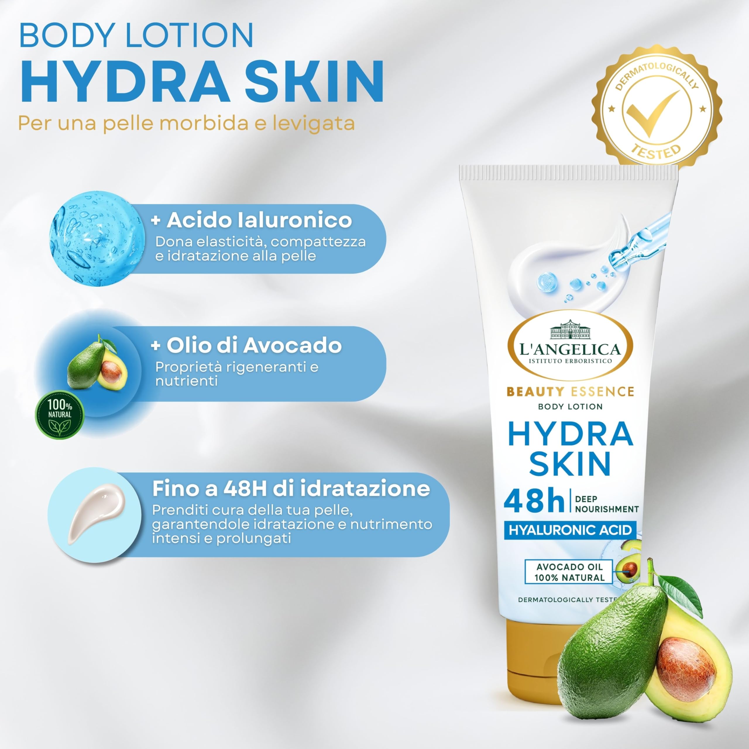 L'Angelica Beauty Essence, Body Lotion Hydra Skin, Pelle Morbida e Levigata, 48H di Idratazione, Crema Corpo Con Acido Ialuronico e Olio di Avocado 100% Naturale, Dermatologicamente Testato, 250ml