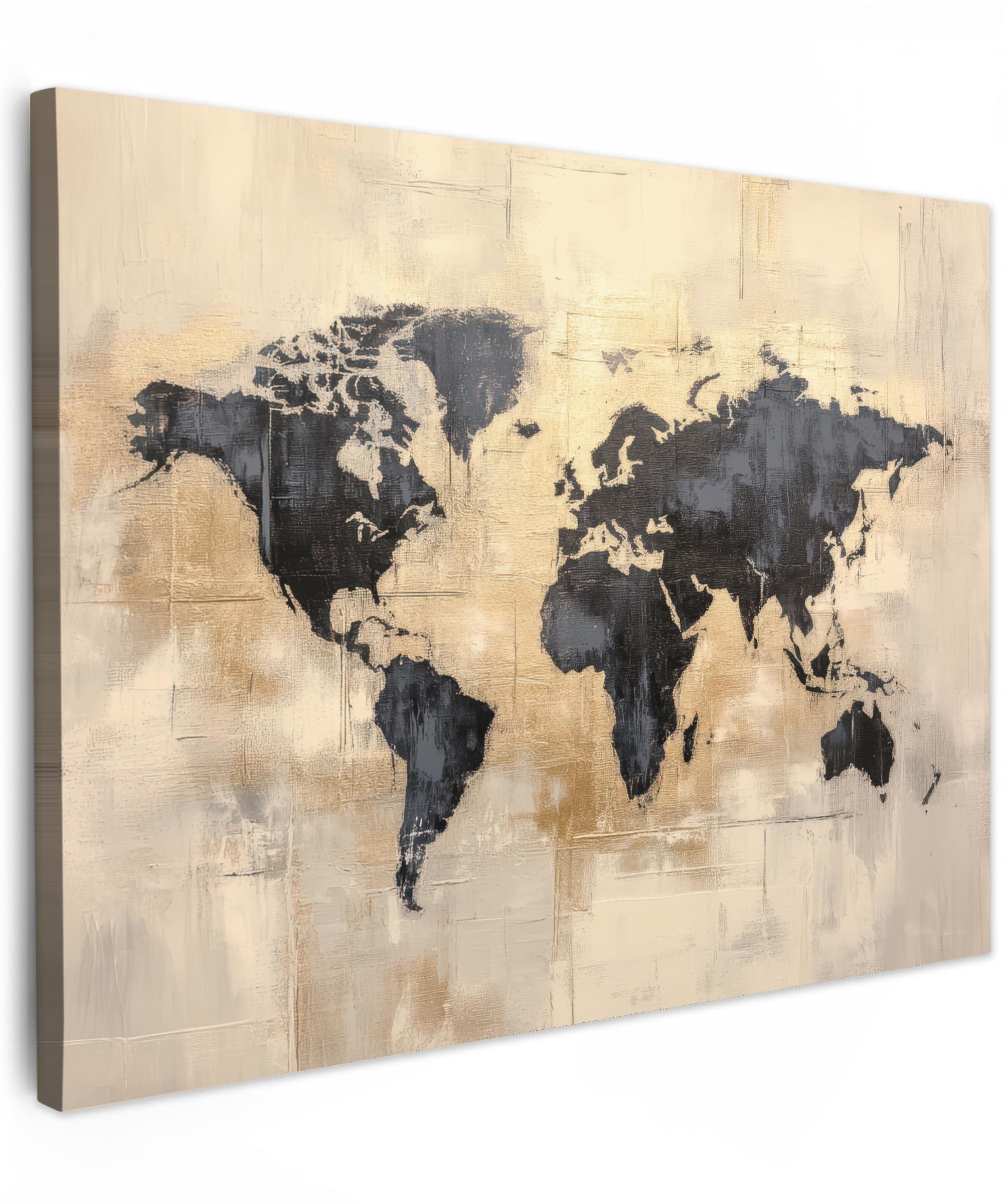 MuchoWow© Bild auf Leinwand 80x60 cm Schlafzimmer Bilder Badezimmer Wand Deko Wohnzimmer Modern Wanddeko Bilderwand Geschenk Weltkarte - Gold - Schwarz - Abstrakt