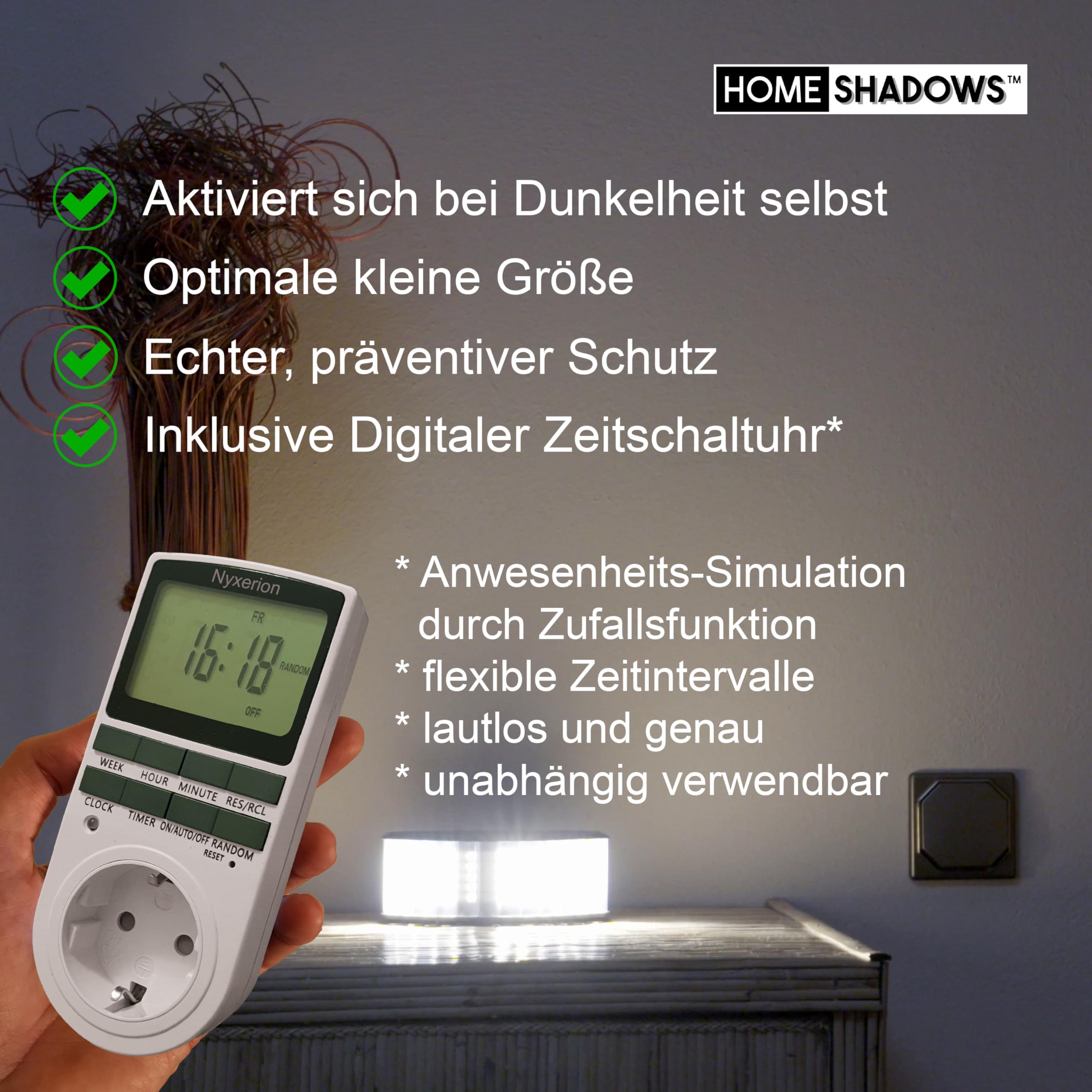 Home Shadows Anwesenheitssimulator HS2Pro - Einbrecher Abschreckung und Einbruchschutz durch Licht und Schatten, Schwarz + Digitale Zeitschaltuhr