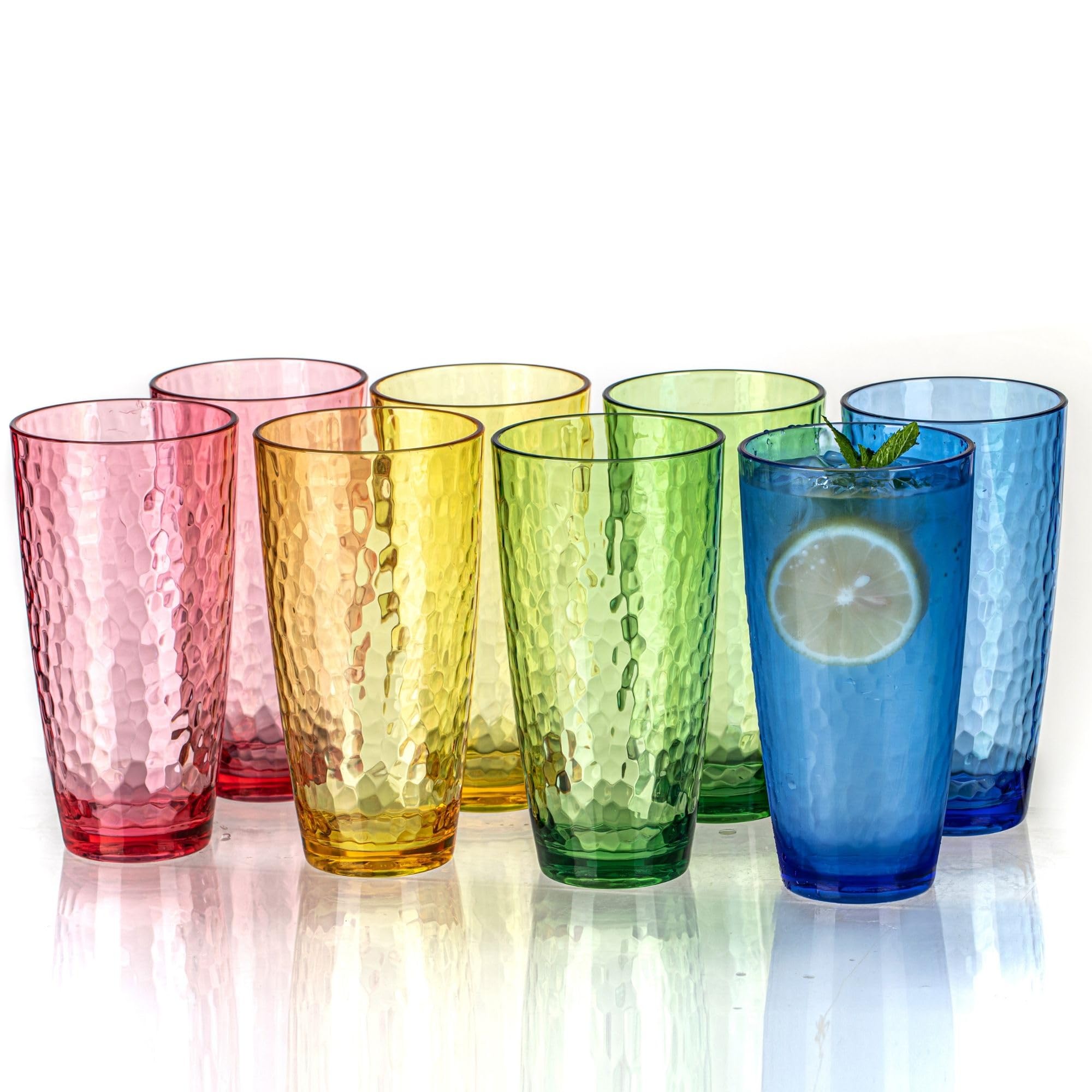 MIYOPESI 26oz Colorful Acrylic Glasses Drinkware Set of 8 Hammered Design Shatter-Proof Plastic Cups Reusable Plastic Drinking Tumblers