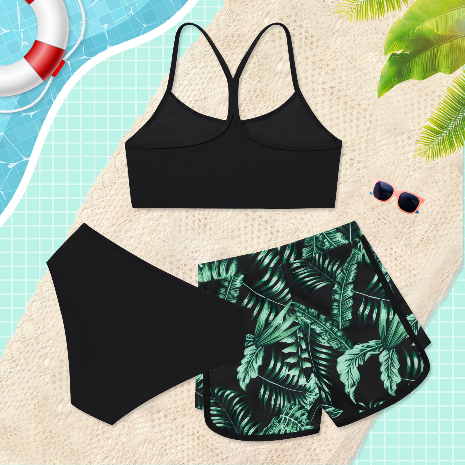 Maillot de bain 3 pièces pour filles - Bikini uni avec short de sport imprimé - Pour adolescentes de 9 à 16 ans
