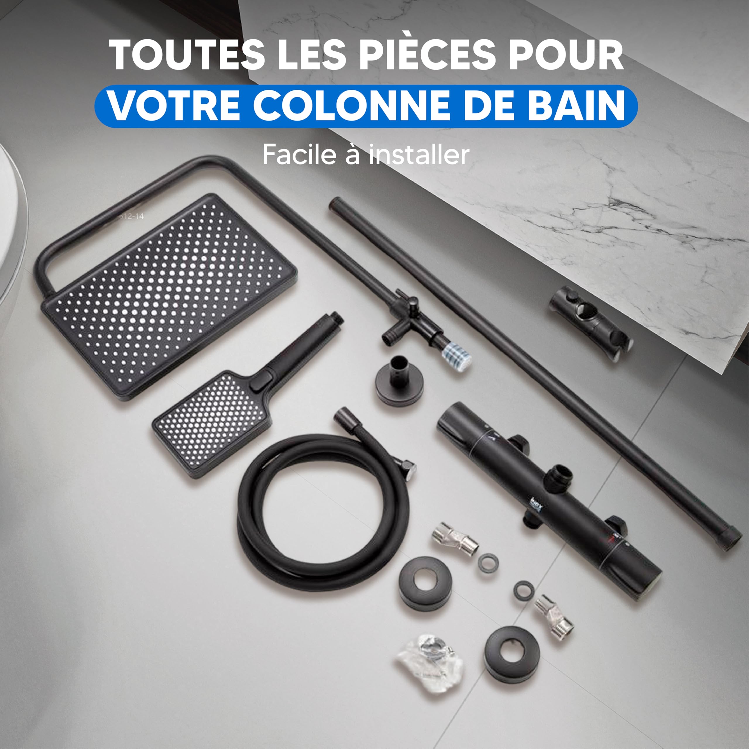 INEX EUROPA Colonne de Douche Thermostatique Noir Mat 2 Modes – Douchette et Pommeau Carré – Colonne de Douche Thermostat avec Sécurité Anti-Brûlure et Garantie 10 Ans Haute Qualité