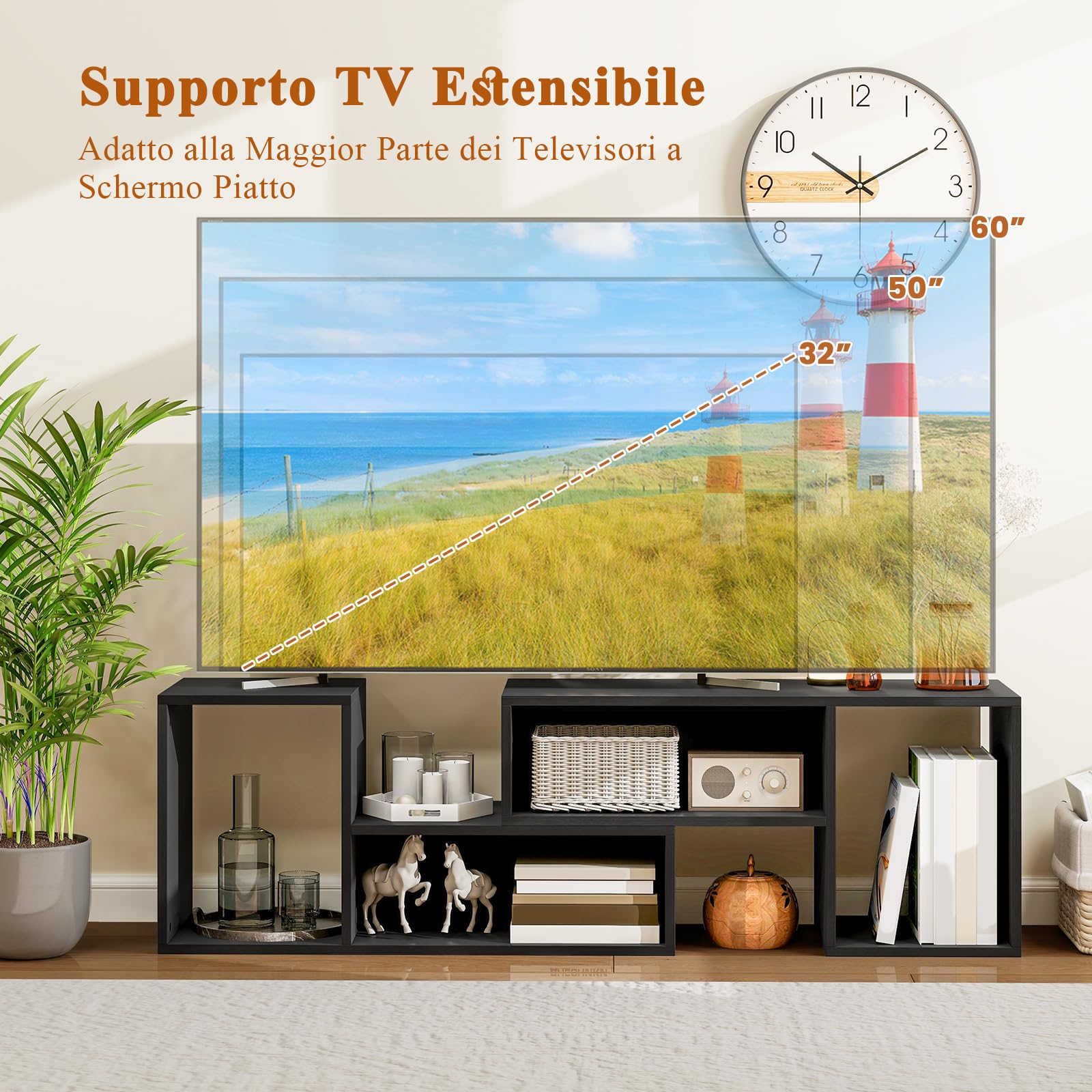 GYMAX Mobile TV Console da 32-60 Pollici Convertibile, 135 x 30 x 40 cm, Estensione e Rotazione Libera, Mobile Multimediale Porta TV, Cubi Aperti, Carico 50 kg, Soggiorno, Camera da Letto (Nero)