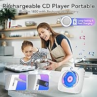 Vista 4 de Reproductor de CD portátil Bluetooth recargable: Reproductores de CD para el hogar con 1800mAh Kegaudio Reproductor de CD de escritorio de pared