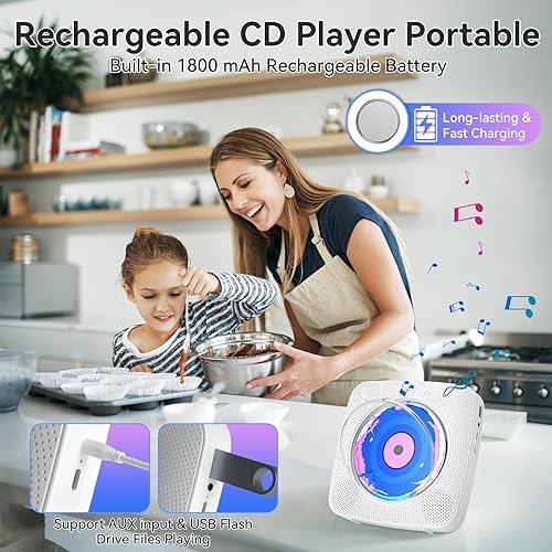 Miniatura 4 de Reproductor de CD portátil Bluetooth recargable Reproductores de CD para el hogar con 1800mAh Kegaudio Desktop Wall CD Player con altavoces, radio