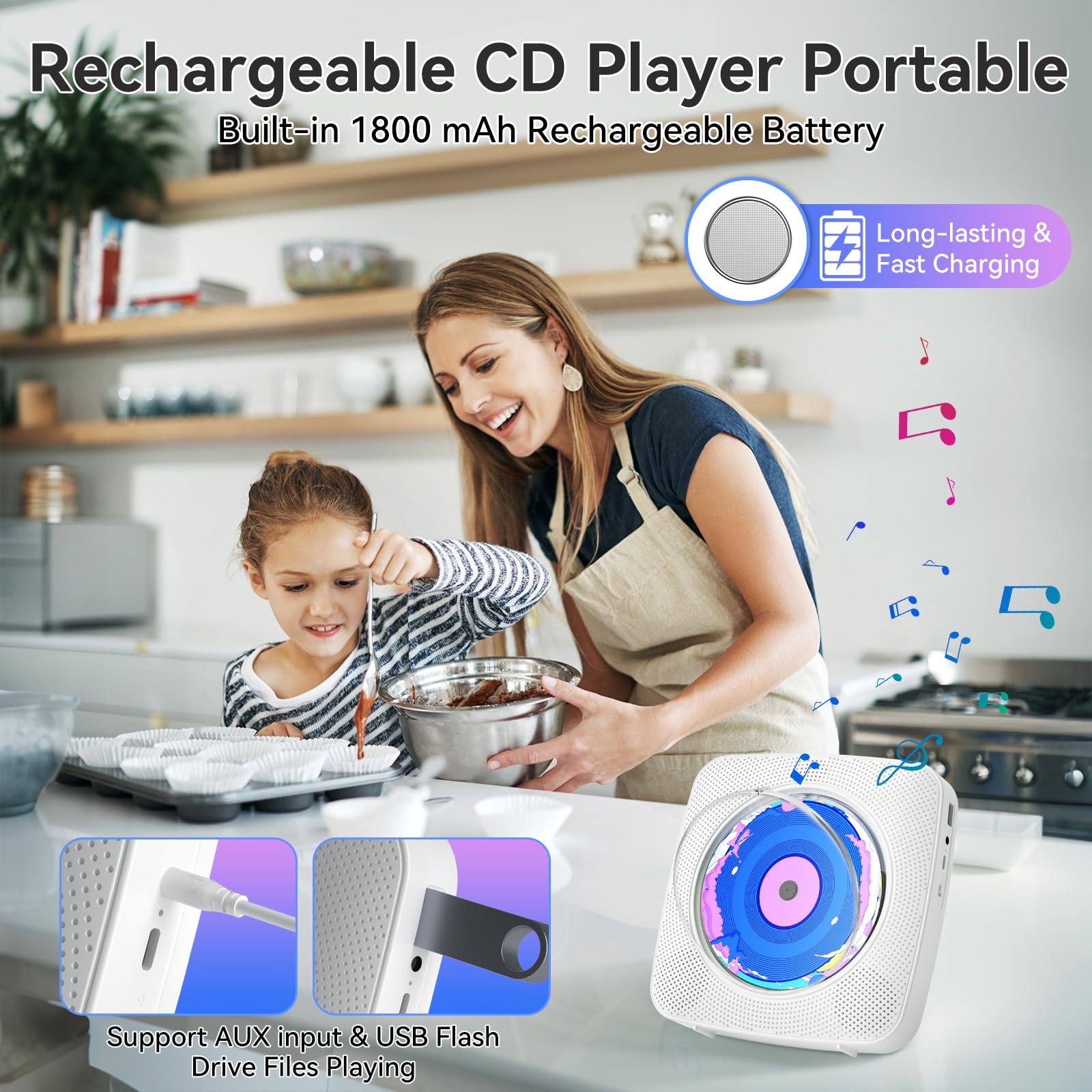 Lecteur CD Portable Bluetooth: Kegaudio Lecteurs CD Enfant avec Haut-Parleur Radio Lecteur de CD Mural avec Télécommande Prise USB AUX 3,5 mm Blanc