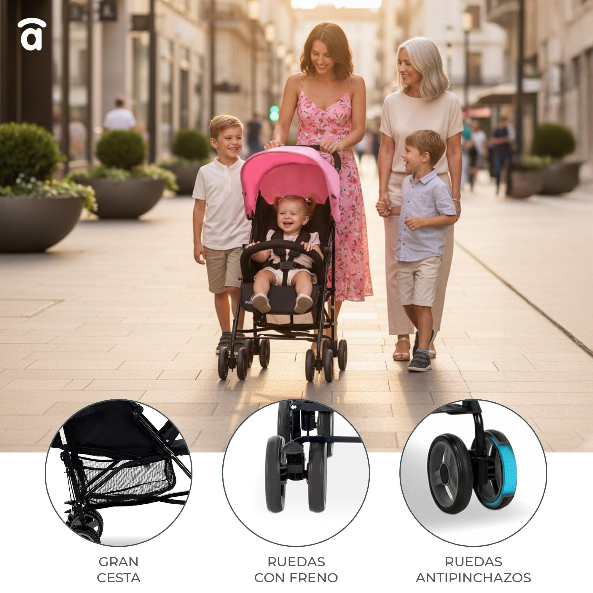 Asalvo TROTTER PLUS Silla de Paseo, Carrito bebé, Carro para bebés, Reclinable, Confortable, Ultraligera, Capota con Ventana y Freno Trasero, Manejable, Plegado compacto, Carga Máxima 25 kg, Rosa