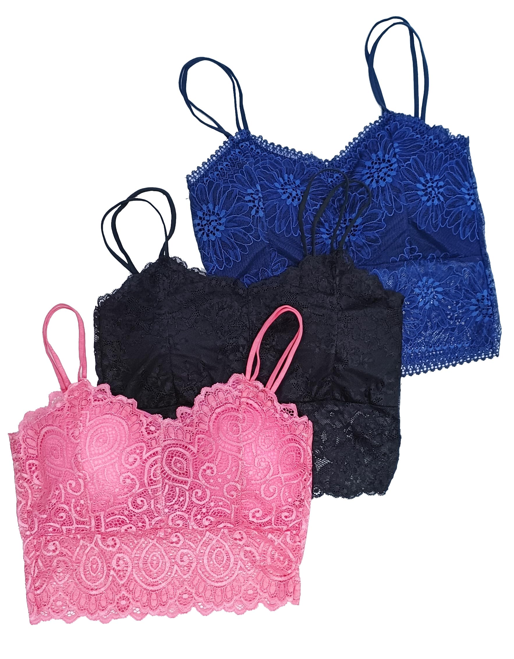 kamini Women's Lace Bralette Bra with Straps for Sexy Backless Tankini Tops, Pack of 3 Black Blue Pink Size 28 to 32-picture-31