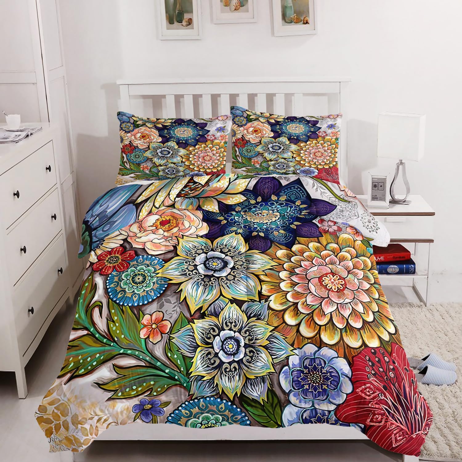 3 Piece Boho Floral Bedding Set,Colorful Flowers Comforter Set,Bohemian Reversible Down Alternative Bed Sets,Twin Size Soft Microfiber Flower Duvet Vintage Bedding in a Bag for Women Men Boho Floral Twin