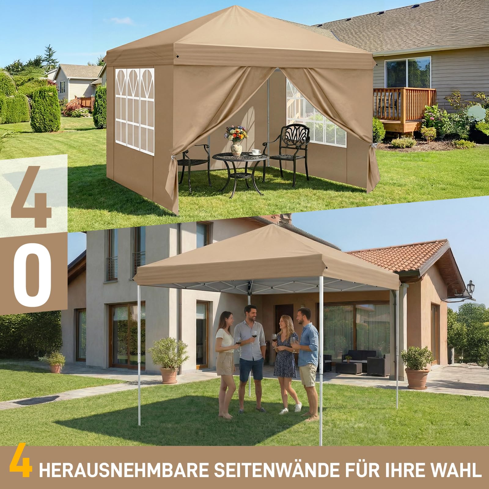 Pavillon 3x3m,One-Touch Faltpavillon,Wasserdicht,Winterfest,UV Schutz 50+,Gartenzelt,Partyzelt,mit 4 Seitenteilen,4 Sandbeutel,für Garten,Party,Camping (Khaki, 3x3m mit 4 Seitenwänden)