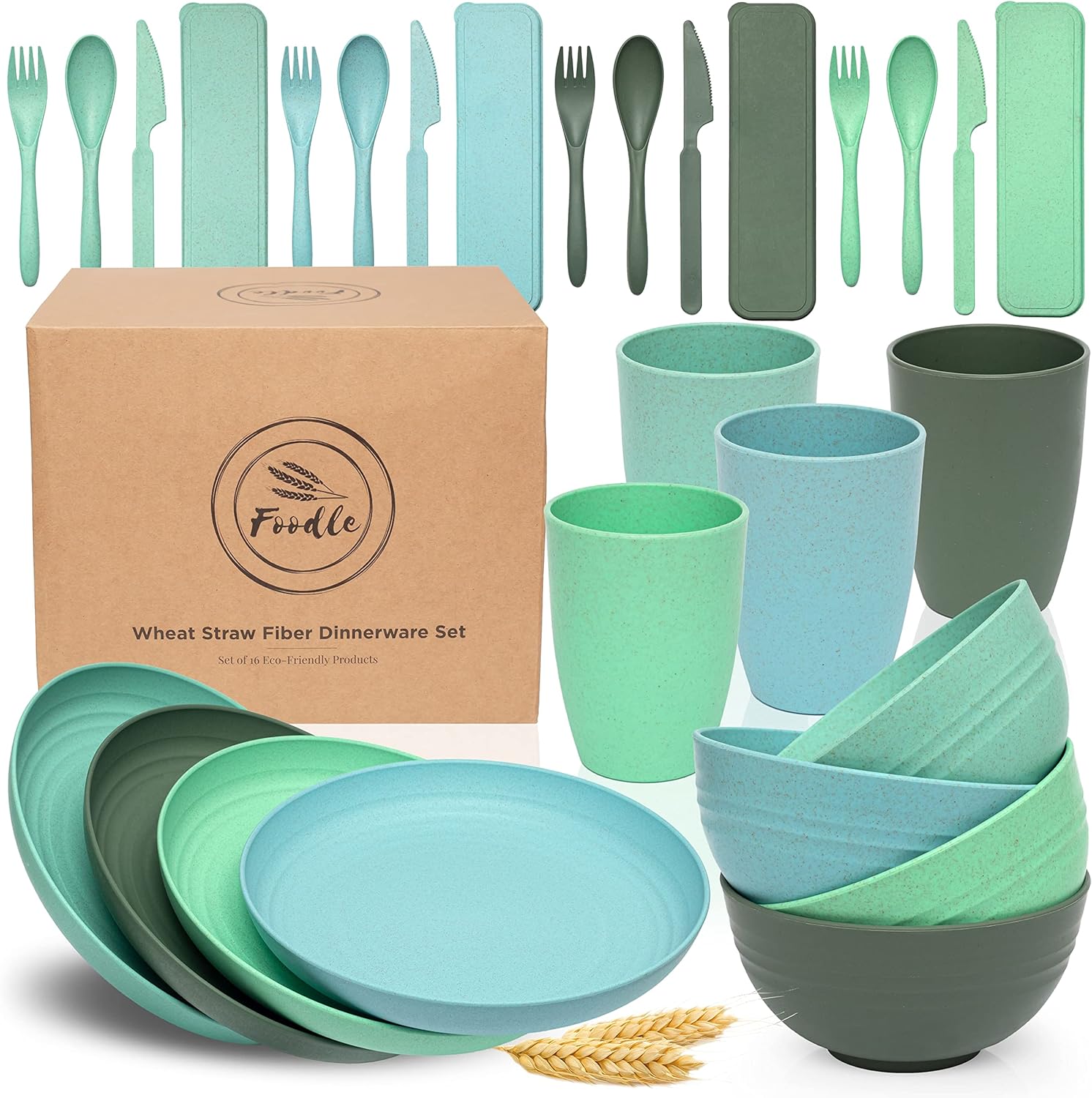 FOODLE Wheat Straw Dinnerware Sets for 4 Lightweight
