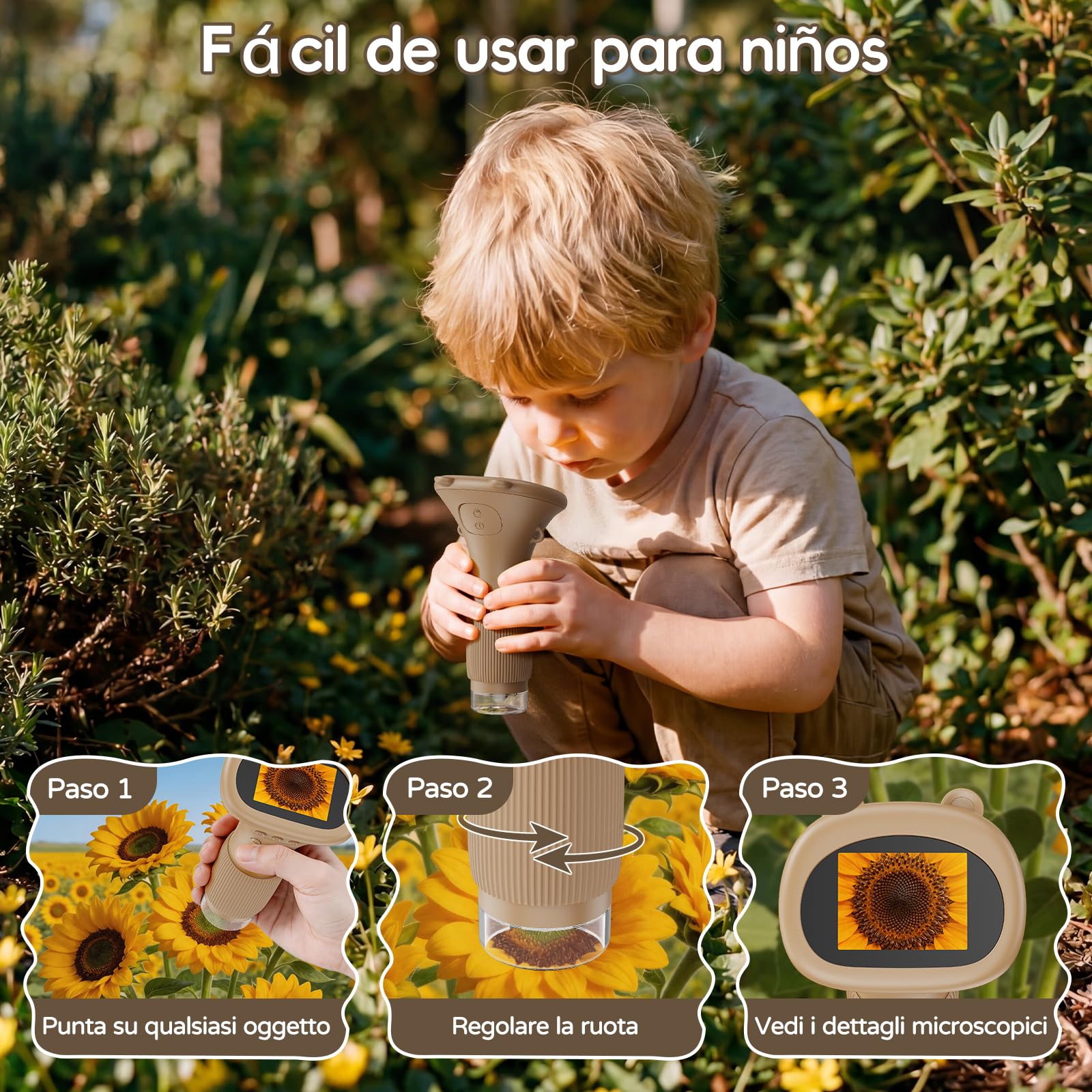 Microscopio Portatile Niños Zoom 1000x - Microscopio Digital Mini Recargable, Microscopi con Pantalla, 8 Luces LED, Ciencia Experimentos Juguetes para Cumpleaños/Navidad/Año Nuevo(Marrón)