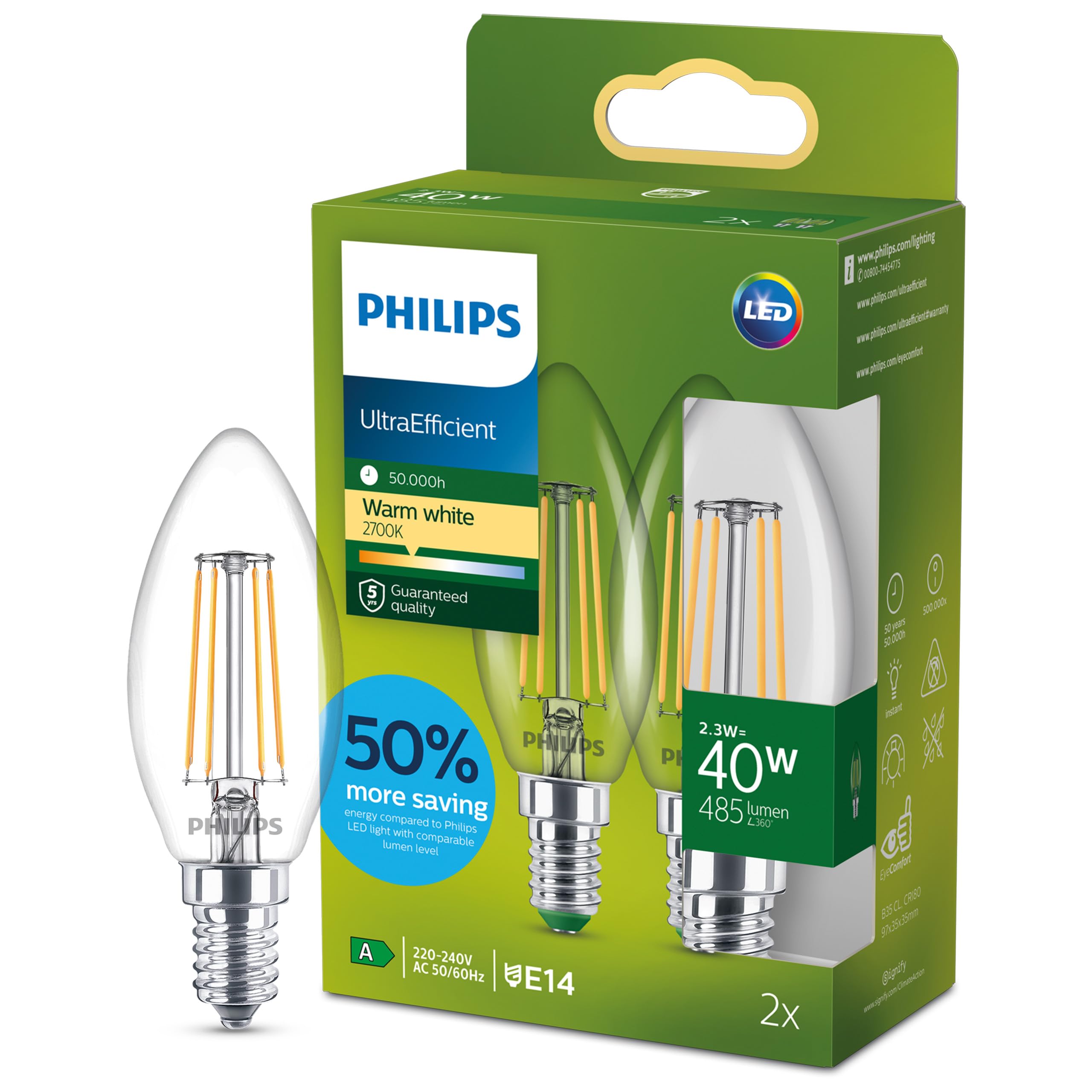 Philips Classic Ultra-efficient LED Bulb with Energy Efficiency Class A, E14 Base, Replaces 40W, Clear, Warm White Light, Candle Shape, Pack of 2