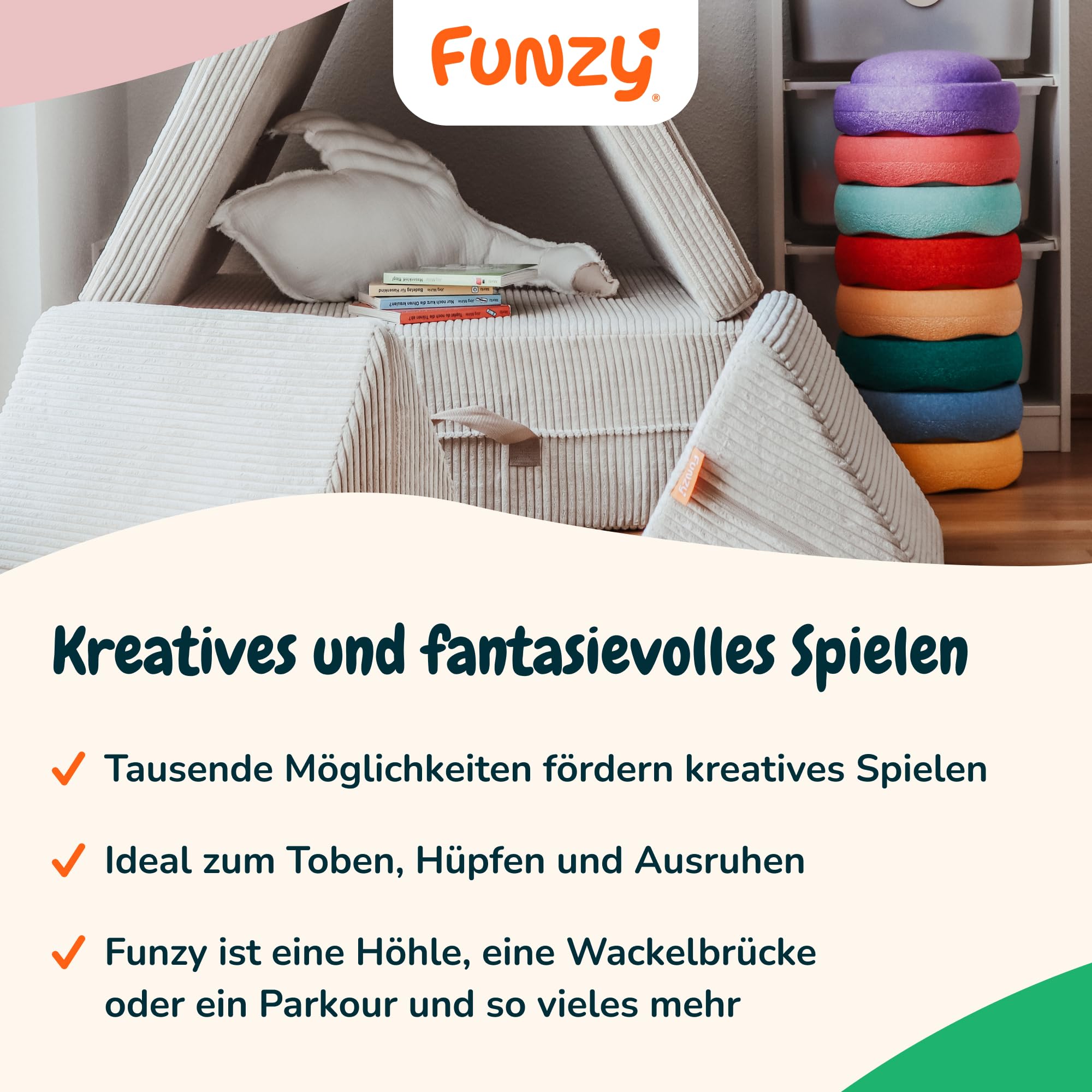 Funzy Spielsofa für Kinder - Das Original für kreatives Spielen, Modulare Spielcouch, Waschbarer Bezug, Robust und Langlebig, TÜV und Oeko-TEX 100 Zertifiziert mit 3 Jahren Garantie, Salbei Grün