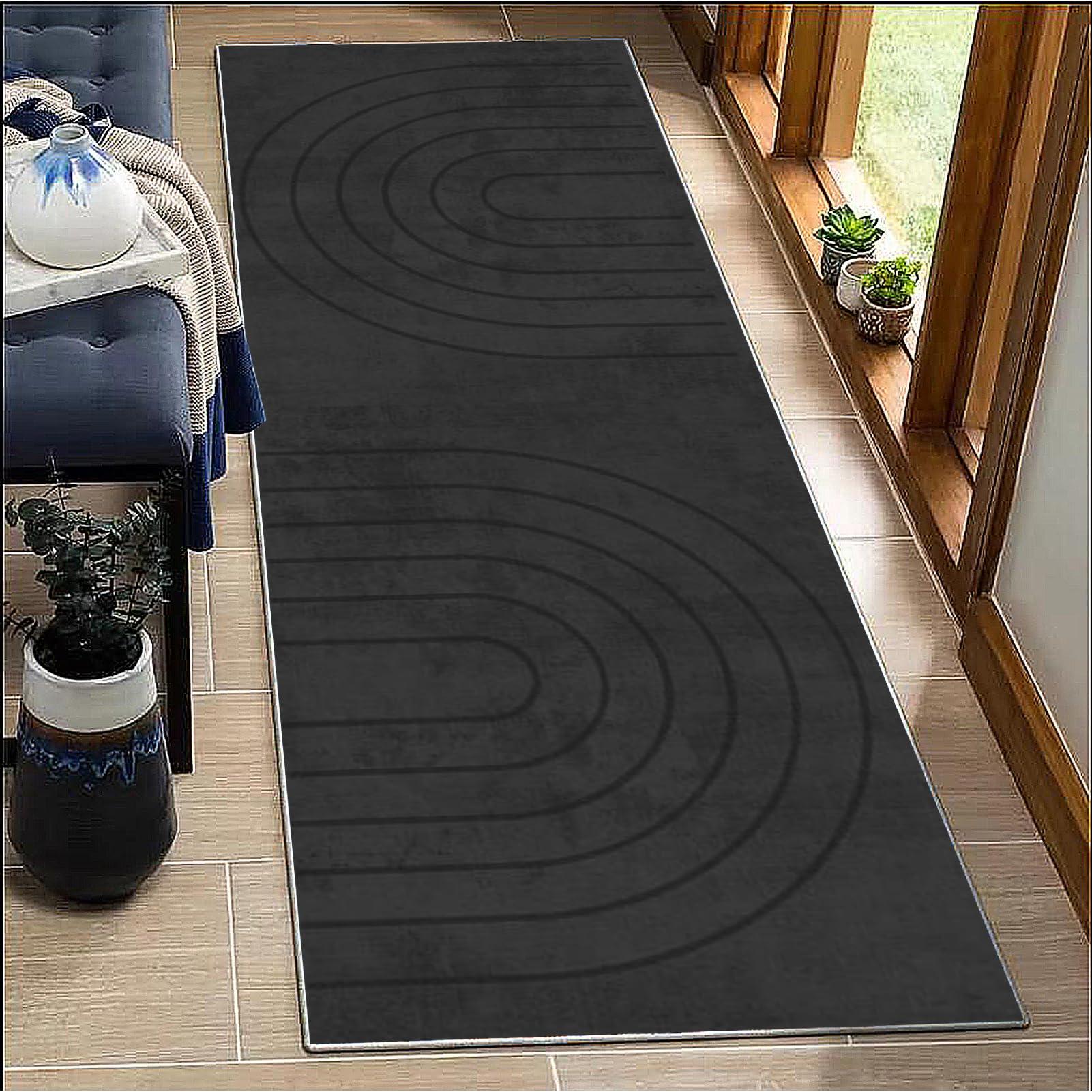 BORKOY Black Modern Hallway Rug Extra Long 120x120cm Non-Slip Runner Rug for Entryway & Kitchen Washable Carpet Heavy Duty Floor Mat for Corridor, Living Room, Bedroom, Laundry Indoor Abstract Design