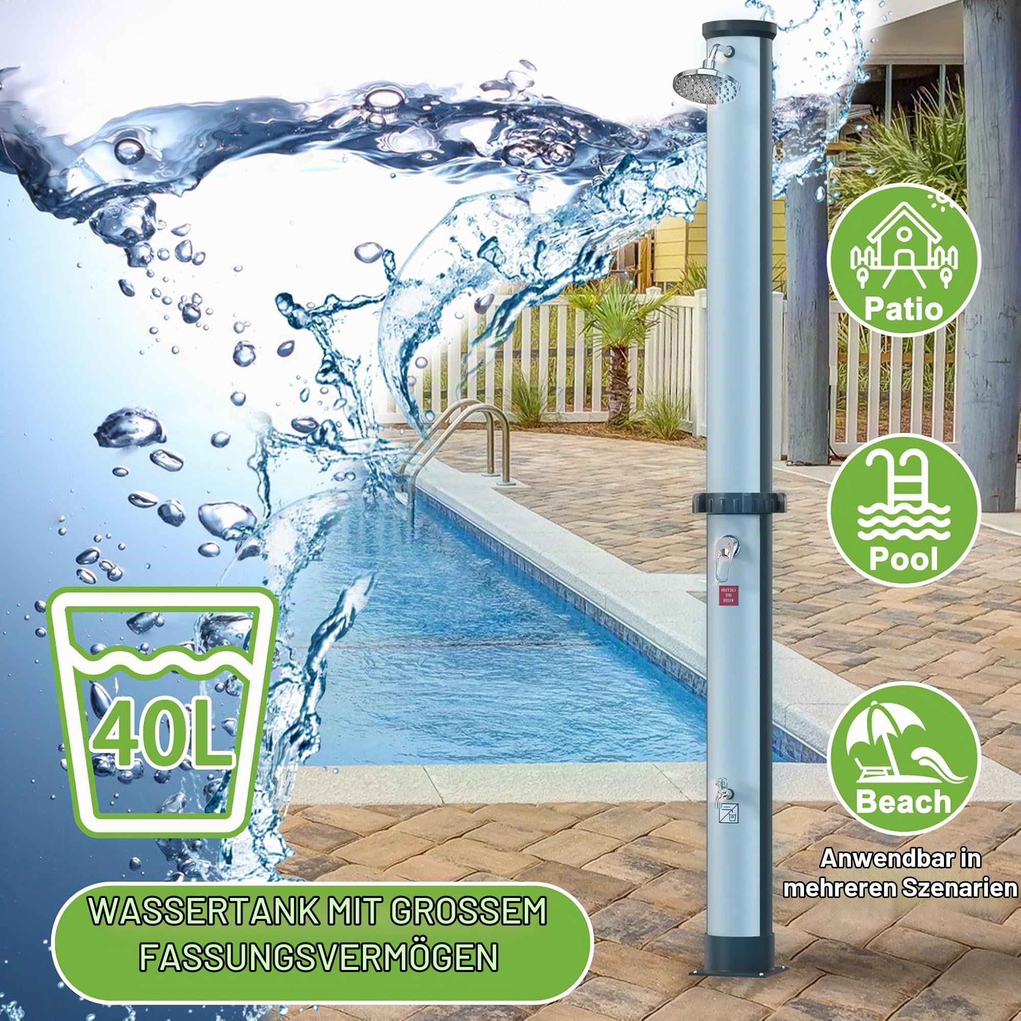 LZQ Solardusche 40 Liter Solar Gartendusche Pooldusche, Outdoordusche mit Regenduschkopf und Wasserhahn