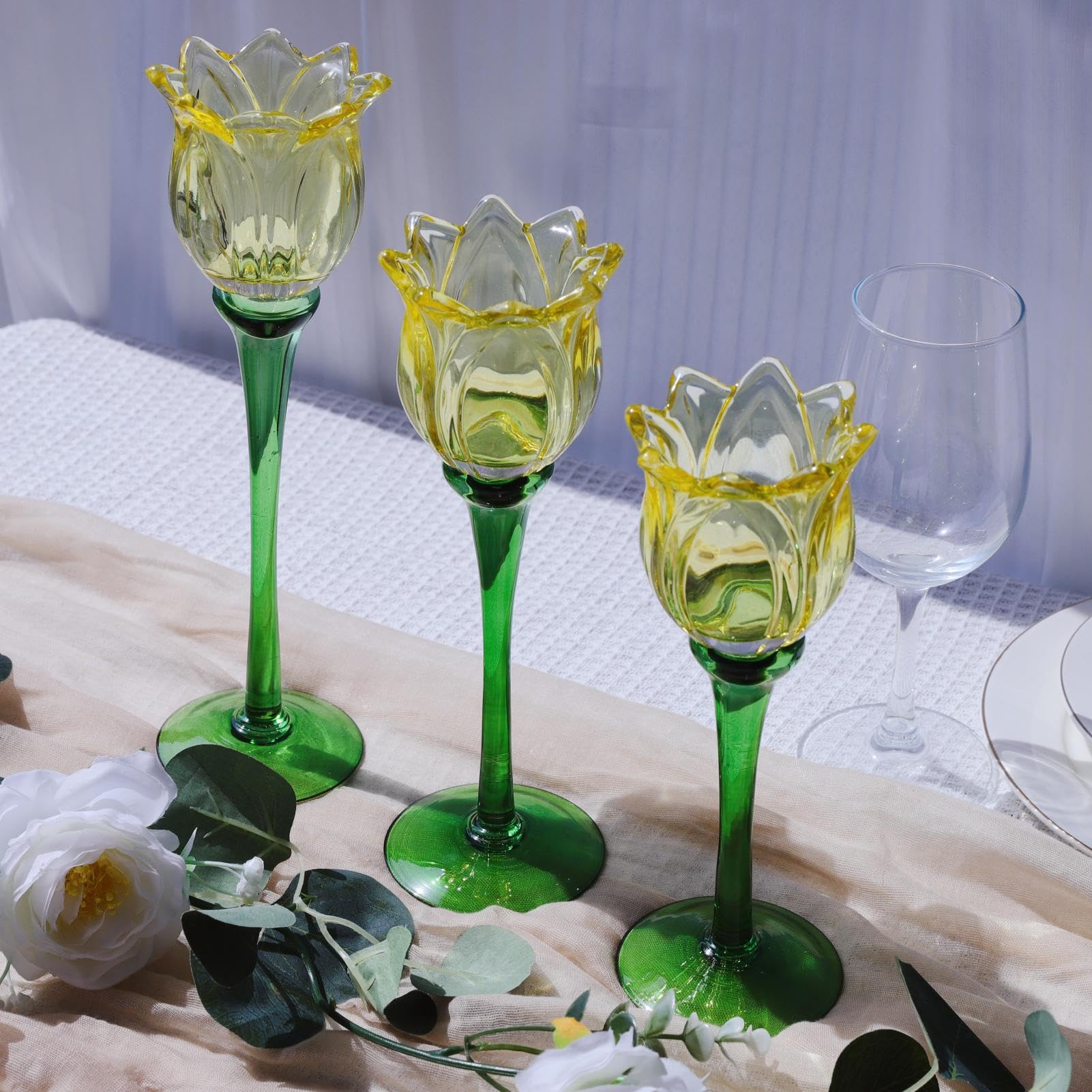 VOHO Lot de 3 bougeoirs en forme de tulipes jaunes pour décoration d'intérieur moderne, cadeau d'anniversaire pour femmes, amies, photophores en forme de tulipe pour centre de table de fête