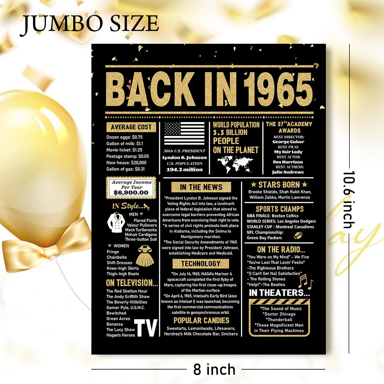 Black Gold Birthday Card Card Back In 1965 - Jumbo Black \u0026 Gold Vintage  Design With Historical Facts 60th Birthday, image size:1500x1500