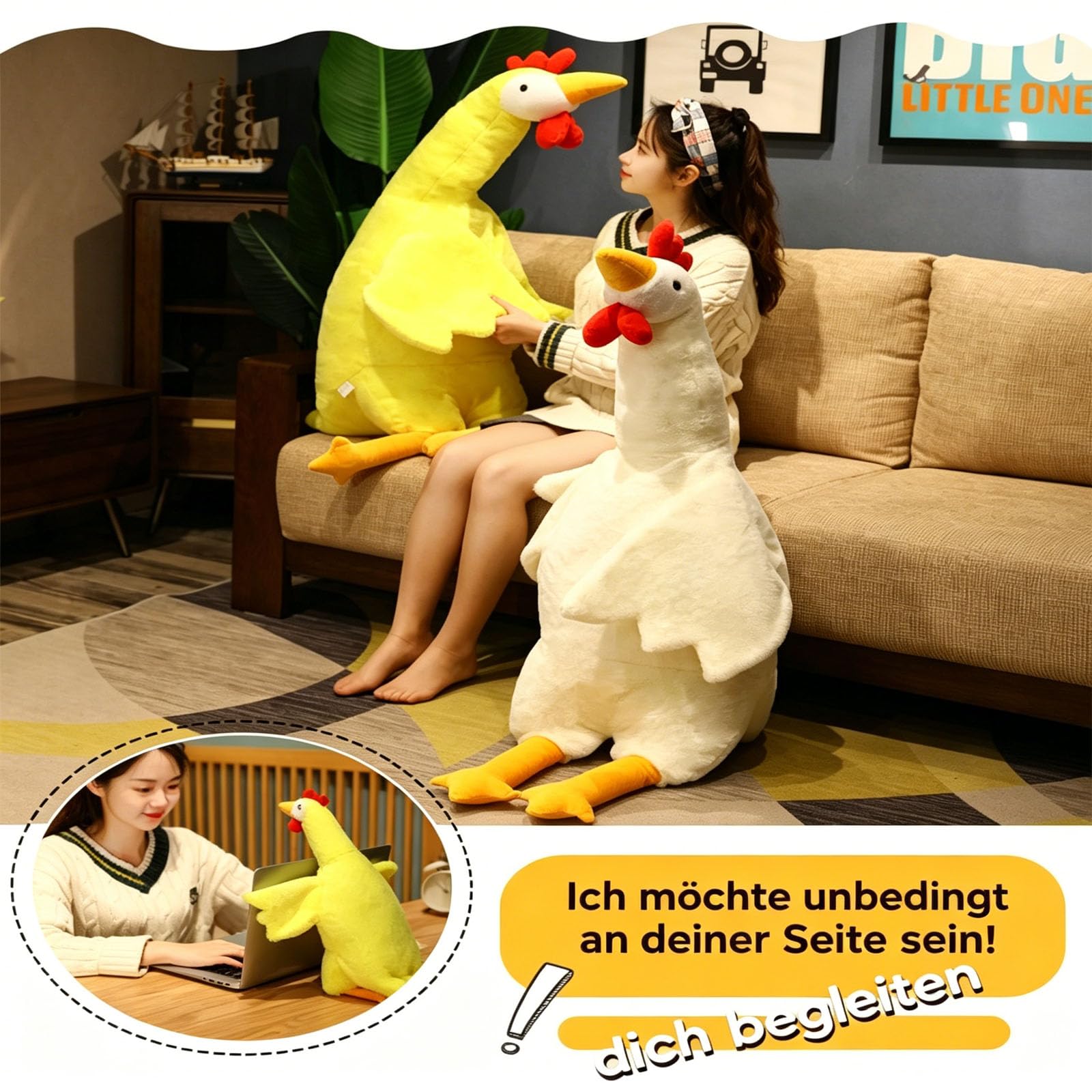 Huhn Kuscheltier XXL, Hähnchen Ausgestopft Plüschkissen, Simuliertes Tier Hühner Plüschtier, Weiches Tier Mutter Huhn Plüschpuppen, Hühner Spielzeug für Jungen Mädchen Geschenke (130cm,Weiß)