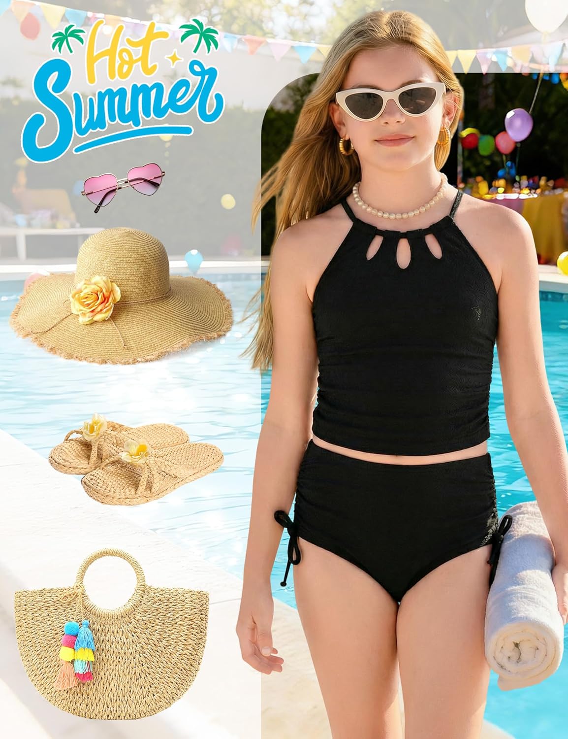 Girls 2 Piece Tankini Set Adjustable Halter Straps High Waisted Bathing Suit Removable Pad Teen Swimwear 7-16Y