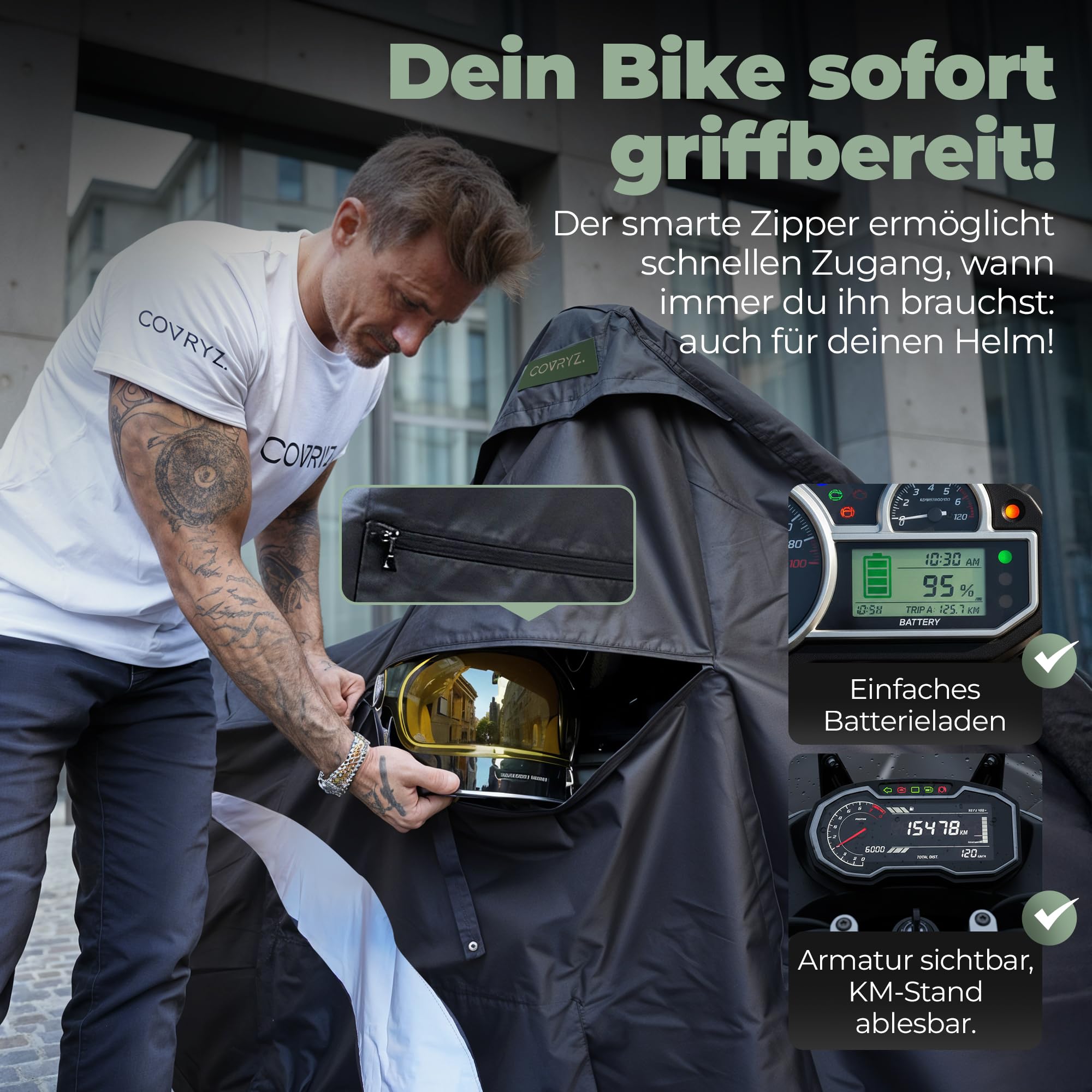 Motorrad Abdeckplane wasserdicht [reiß- und Winterfest] Motorradabdeckung | Abdeckhaube | Plane Wasserdicht für Indoor & Outdoor | UV- Motorradschutz für Bikes & Roller | Motorcycle Cover | COVRYZ