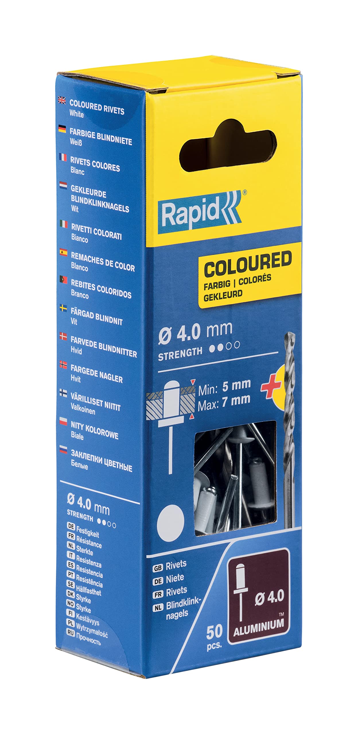Rapid Scatola da 50 Rivetti in Alluminio da Ø4 x 10 mm, Adatti a Fissare Grondaie, Tubazioni e Lamiere, Include Punta per il Trapano - Bianco (5001463)