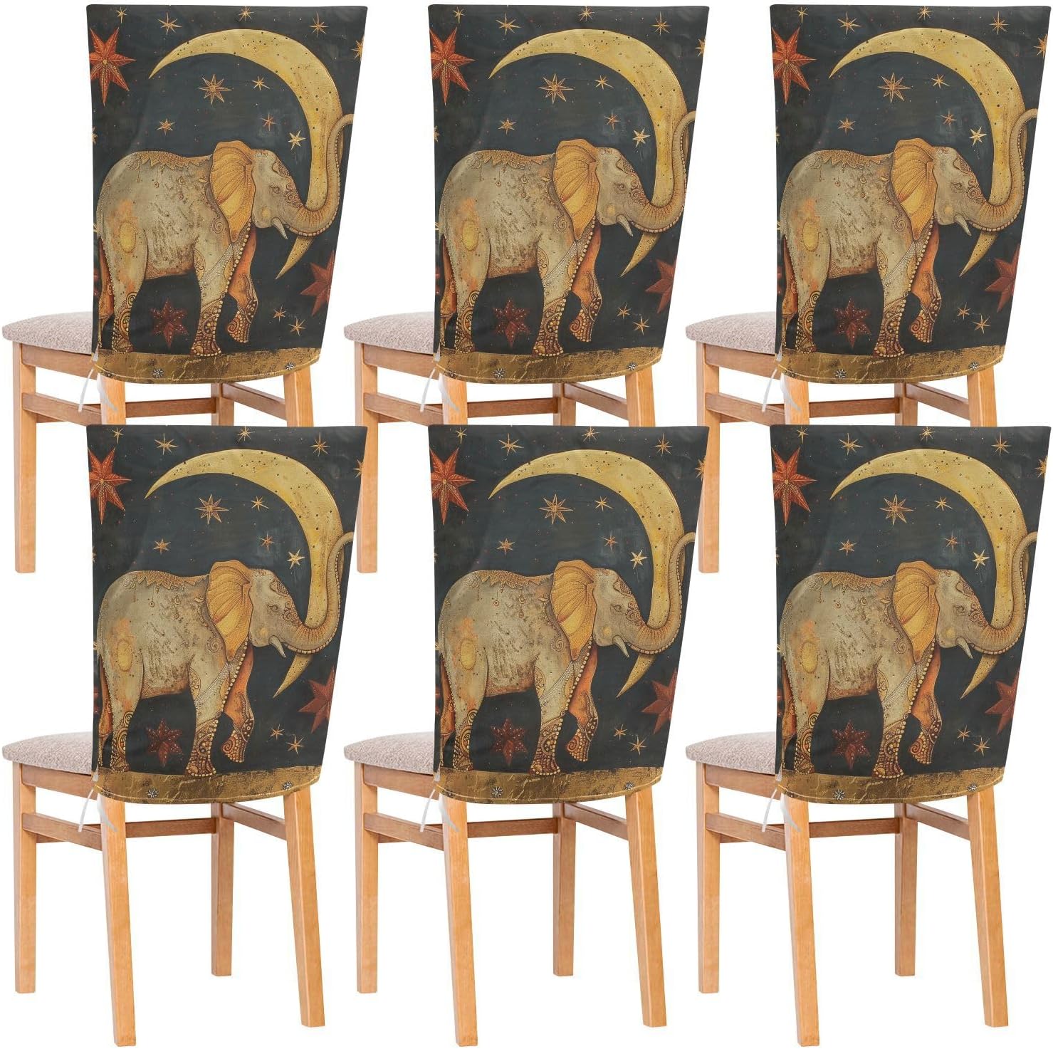 ALAZA Boho Elephant Moon Stars Chair Back Cover Set of 6, Washable Reusable Removable Chair Slipcovers Decorative Chair Cover for Home Kitchen Wedding Party