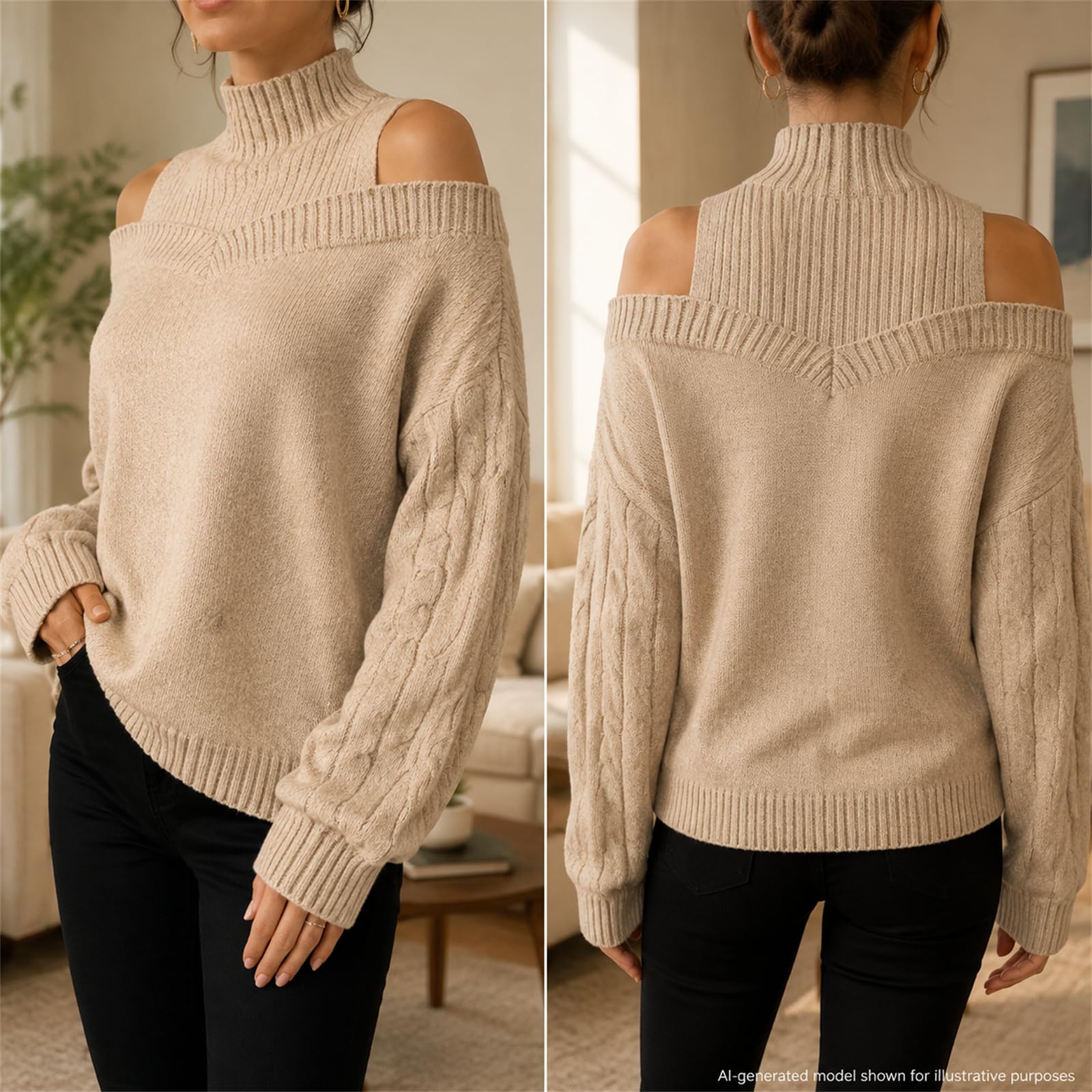 Maglione da donna a collo alto, con spalle scoperte, lavorato a maglia, a