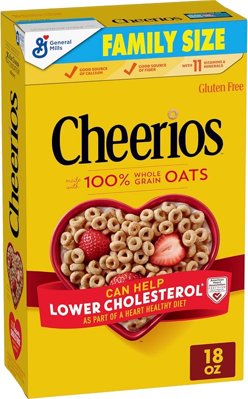 Cheerios, Heart Healthy Gluten Free Breakfast Cereal, Family Size, 18 oz | 100% Whole Grain Oats, Soluble Fiber for Cholesterol, 34g Whole Grain, 11 Vitamins & Minerals