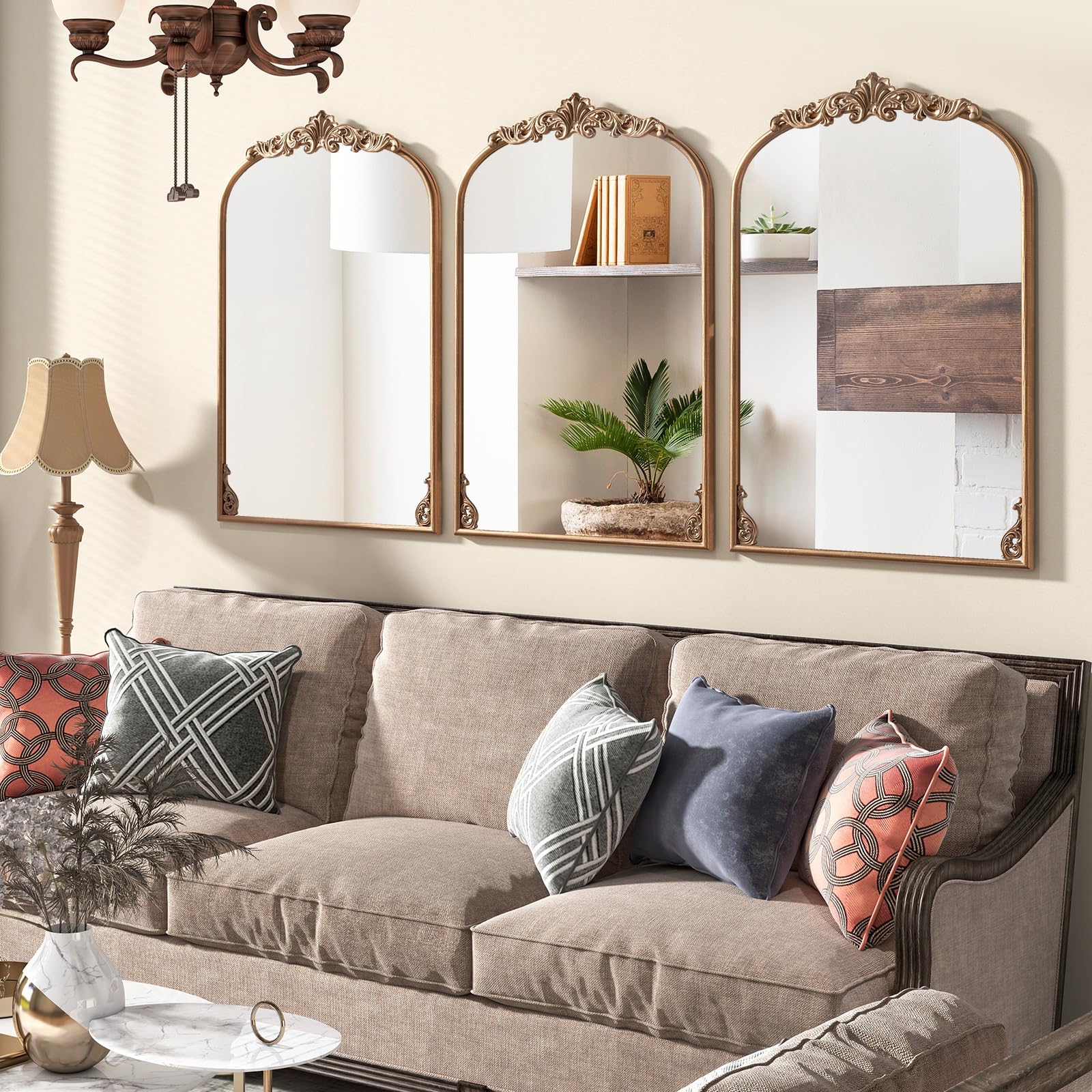 COSTWAY Miroir Mural Arch, Cadre en Métal, Grand Miroir Mural Baroque pour Salon Chambre Entrée, Réflexion HD, 2 Crochets de Suspension, Installation Facile (95 x 66 cm)