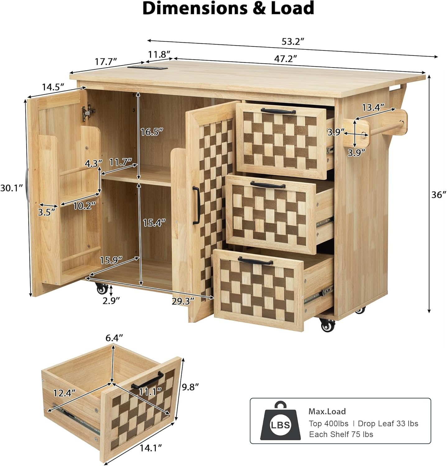 Kitchen Island with Drop Leaf Countertop, Rolling Kitchen Island Cart, Barn Door Kitchen Island Table with Storage Cabinet and Tower Rack, Island Table On Wheels for Kitchen (Natural)
