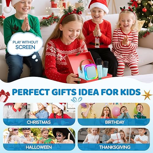 Miniatura 52 de Máquina de karaoke para niños y adultos, minialtavoz Bluetooth portátil con 2 micrófonos inalámbricos y luces de fiesta, para celular, regalo
