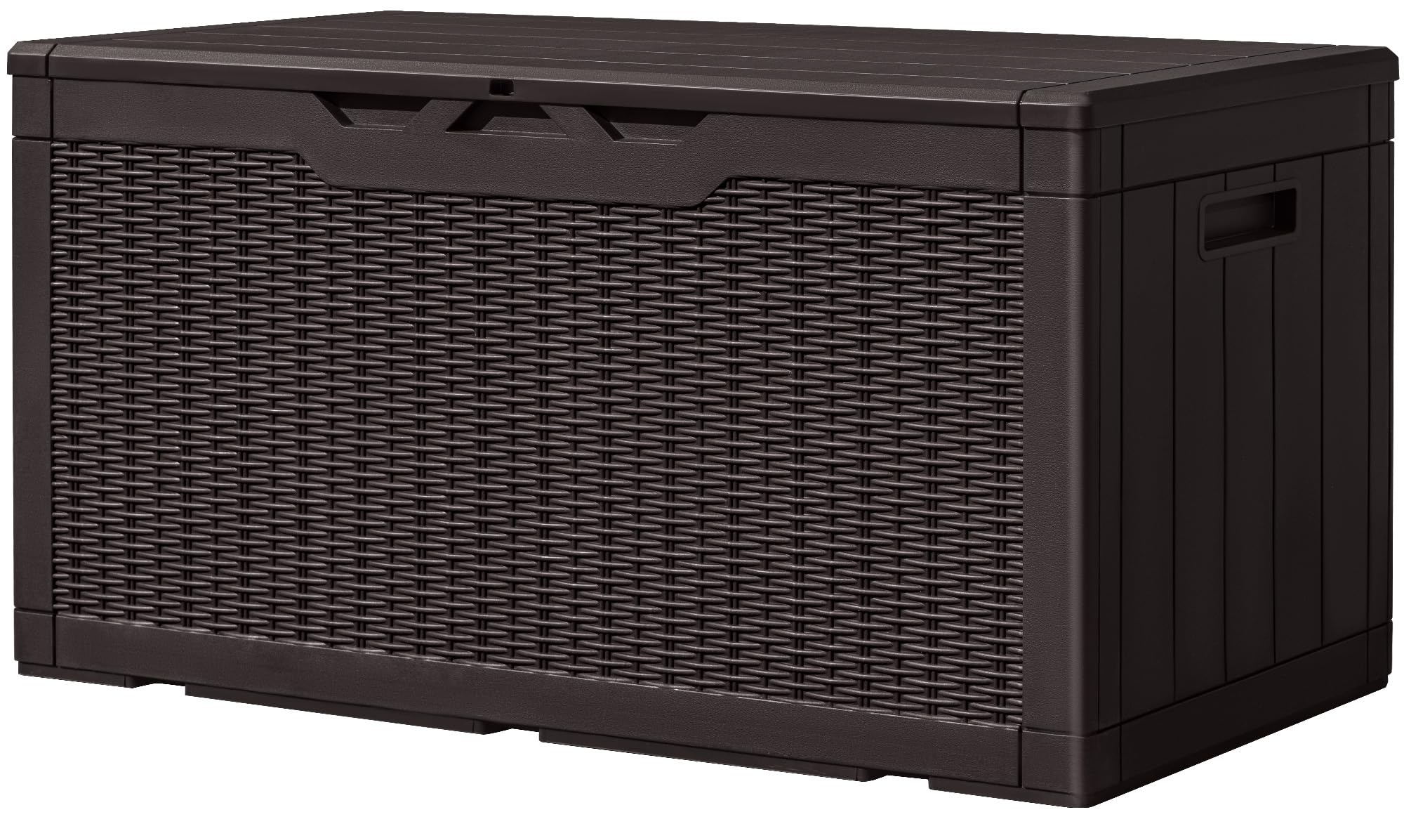 Greesum 100 Gallon Resin Deck Box Large Outdoor Storage, Imitation Rattan Weave Texture for Patio Furniture, Garden Tools, Pool Supplies, Weatherproof and UV Resistant, Lockable, Dark Brown