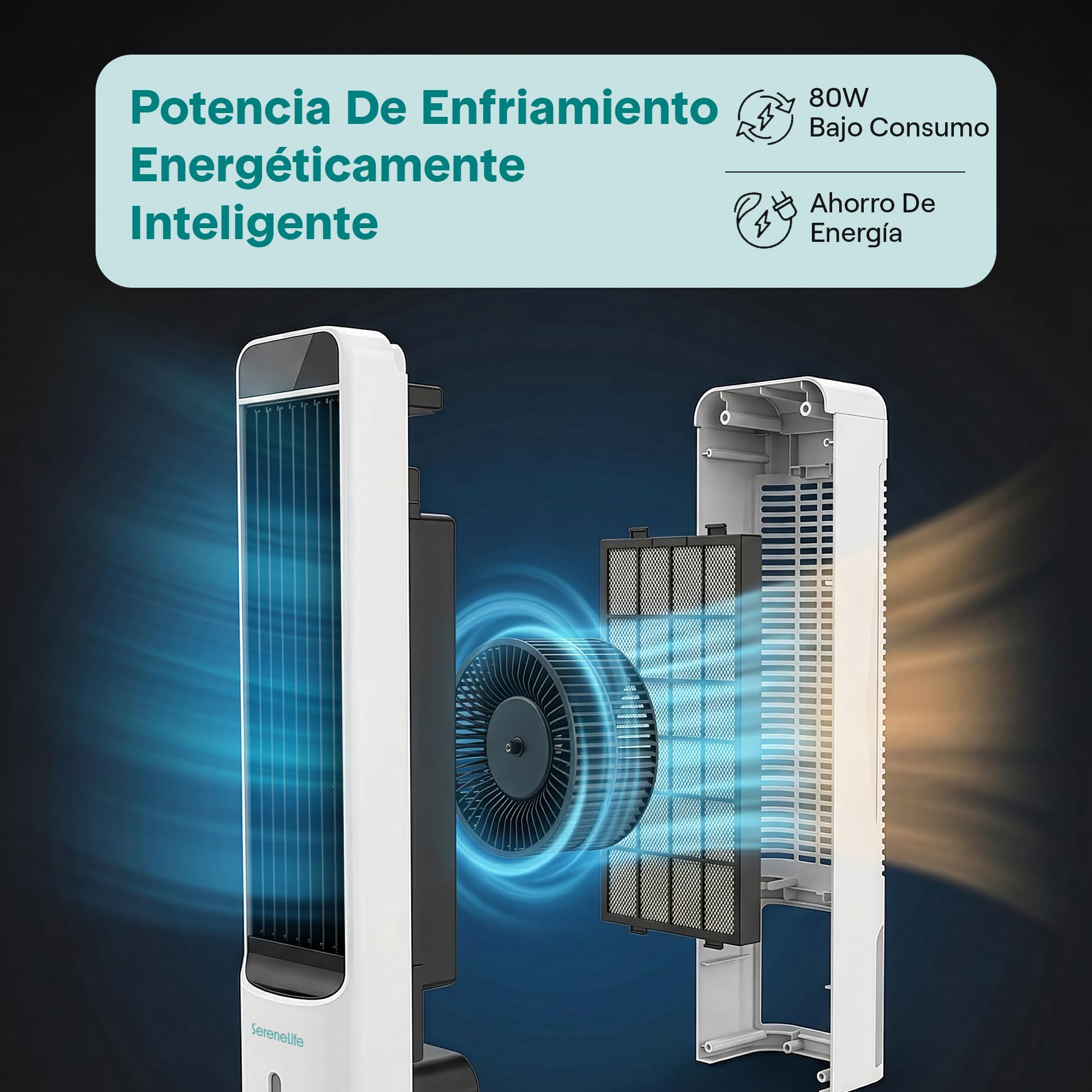 SereneLife Enfriador de Aire Evaporativo, de Torre con Mando a Distancia, Tanque de 5L, 4 Cajas de Hielo, 3 Velocidades, Enfriador de Pie Silencioso con Oscilacion, Portatil, Eficiente en Energia