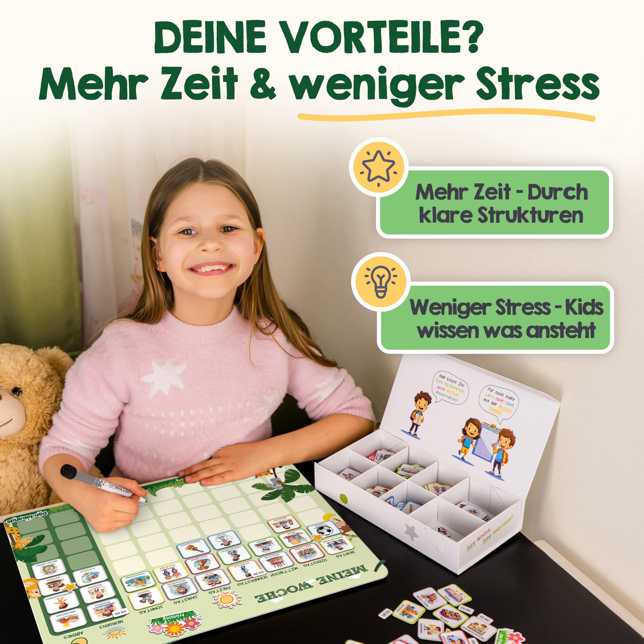 PANDABANDE 2-in-1 Routine & Wochenplaner Kinder mit 200 Magneten & Sortierbox | Montessori Routine Planer Kinder für mehr Selbstständigkeit - Magnetischer Wochenplan mit Morgenroutine & Abendroutine