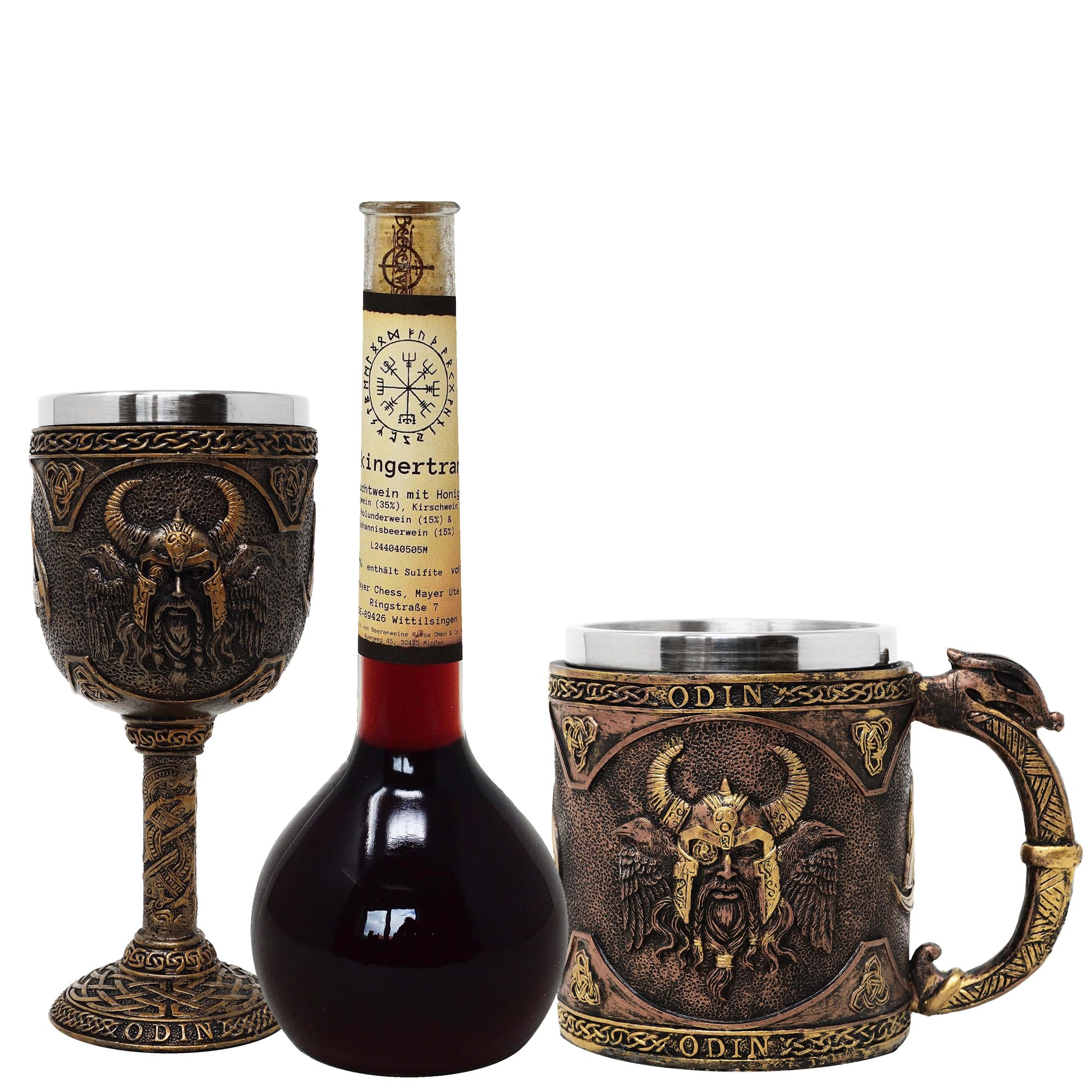 MystiCalls Geschenkset mit Krug Odin und Kelch Odin inklusive Elixierflasche Wikingertrank Mehrfruchtwein - Viking, Geschenk, Met