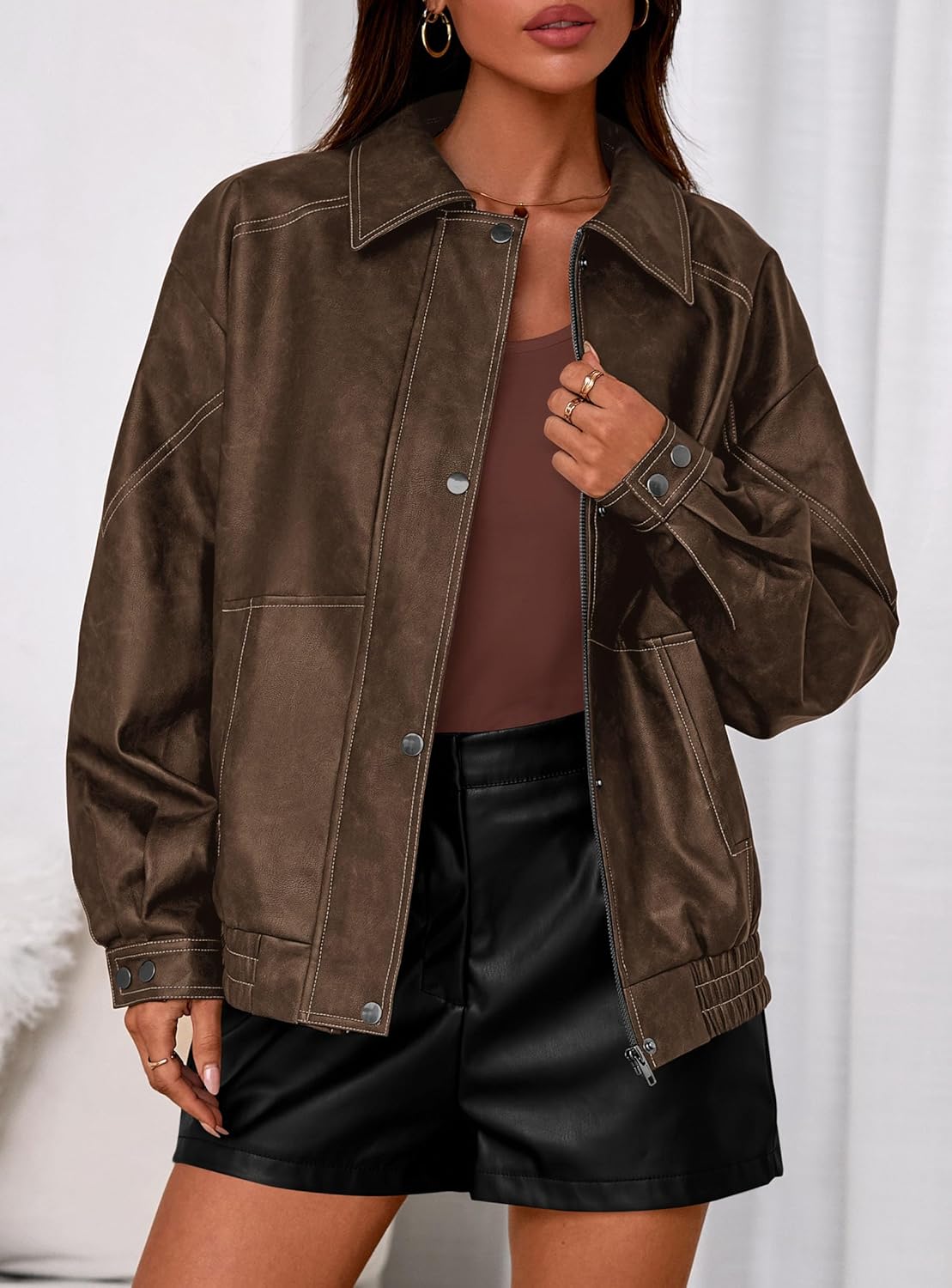 PRETTYGARDEN Faux Leather Jacket Women Bomber Motorcycle Zip Up Jackets Oversized Fall Fashion Outfits 2026 Winter Coats - Image 7