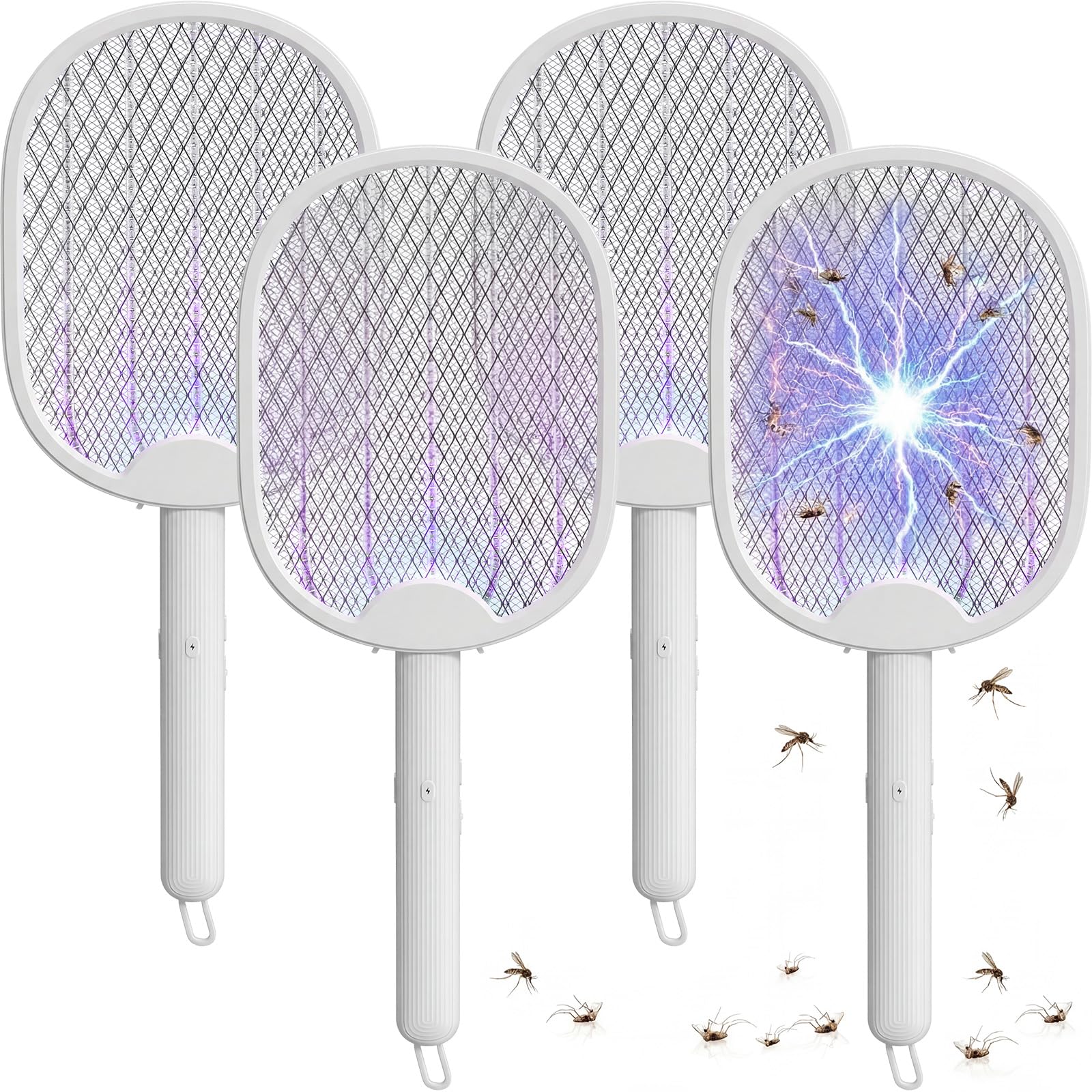4 raquetas matamoscas eléctricas 2 en 1, raqueta matamoscas eléctrica recargable por USB, plegable, matamosquitos eléctrica con malla de seguridad de 3 capas y batería recargable de 1200 mAh