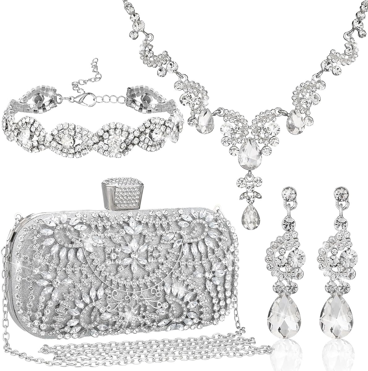 4 Pcs Rhinestone Jewelry Set Handbag for Women, classic, silver