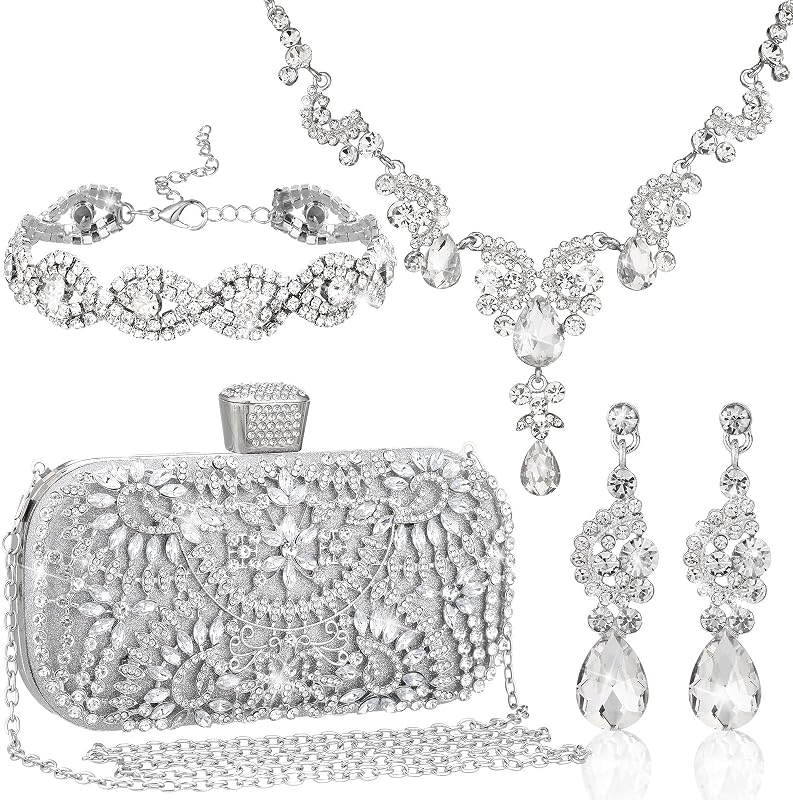 4 Pcs Rhinestone Jewelry Set Handbag for Women, classic, silver
